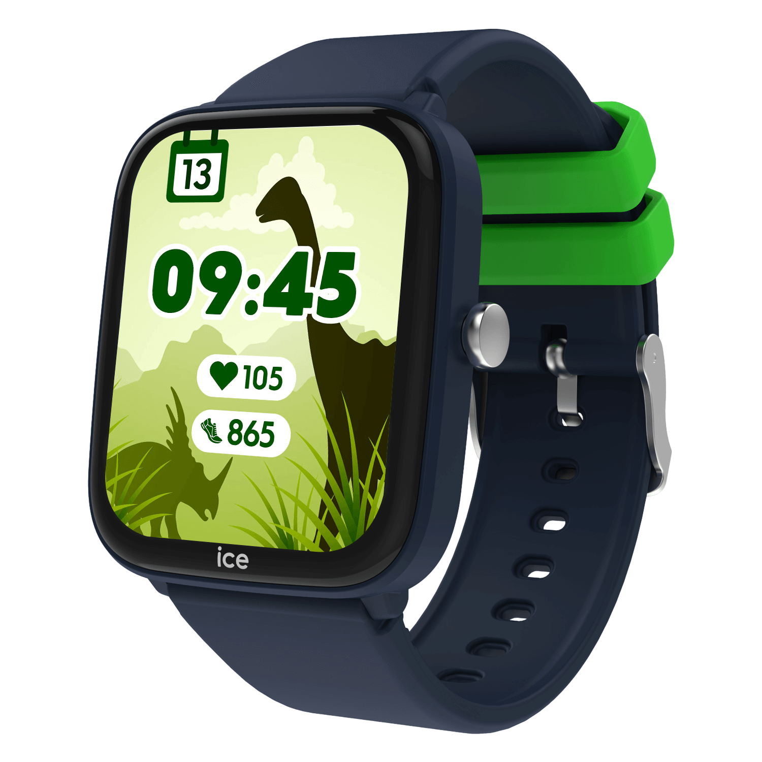 Smartwatch with a dinosaur display, showing time and activity metrics, blue and green band.