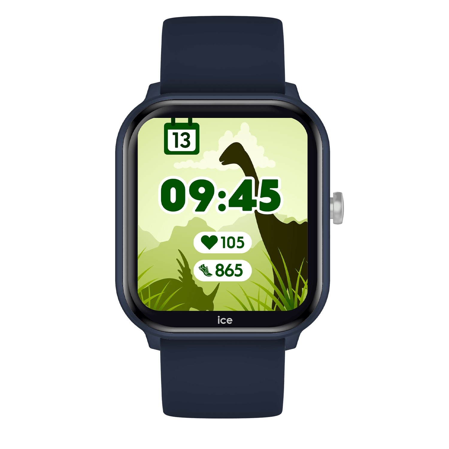 A smartwatch with a green dinosaur on the screen, showing time, heart rate, and steps.