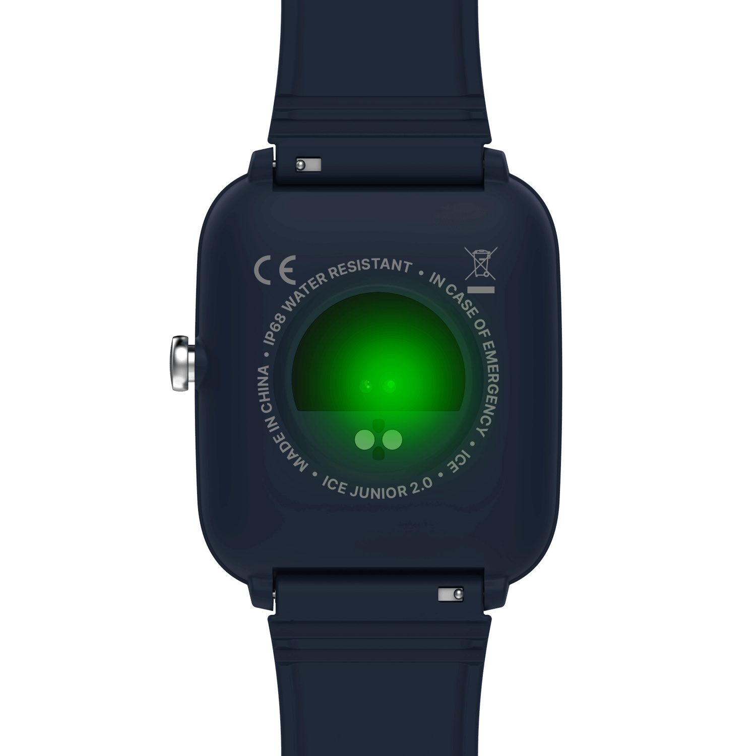 Back of a navy blue smartwatch, showing the heart rate sensor and text.