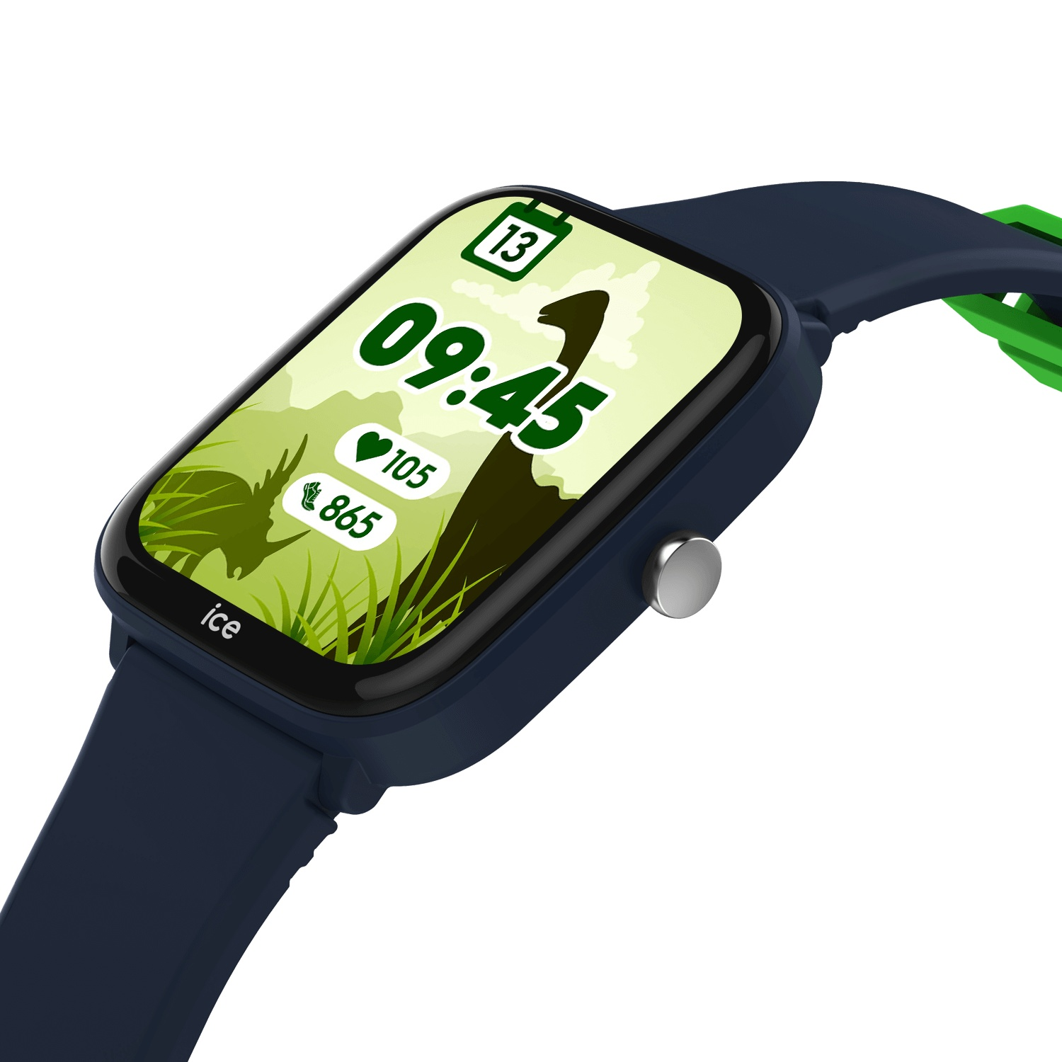 A smartwatch displays time, heart rate, and steps, with a green and blue strap.