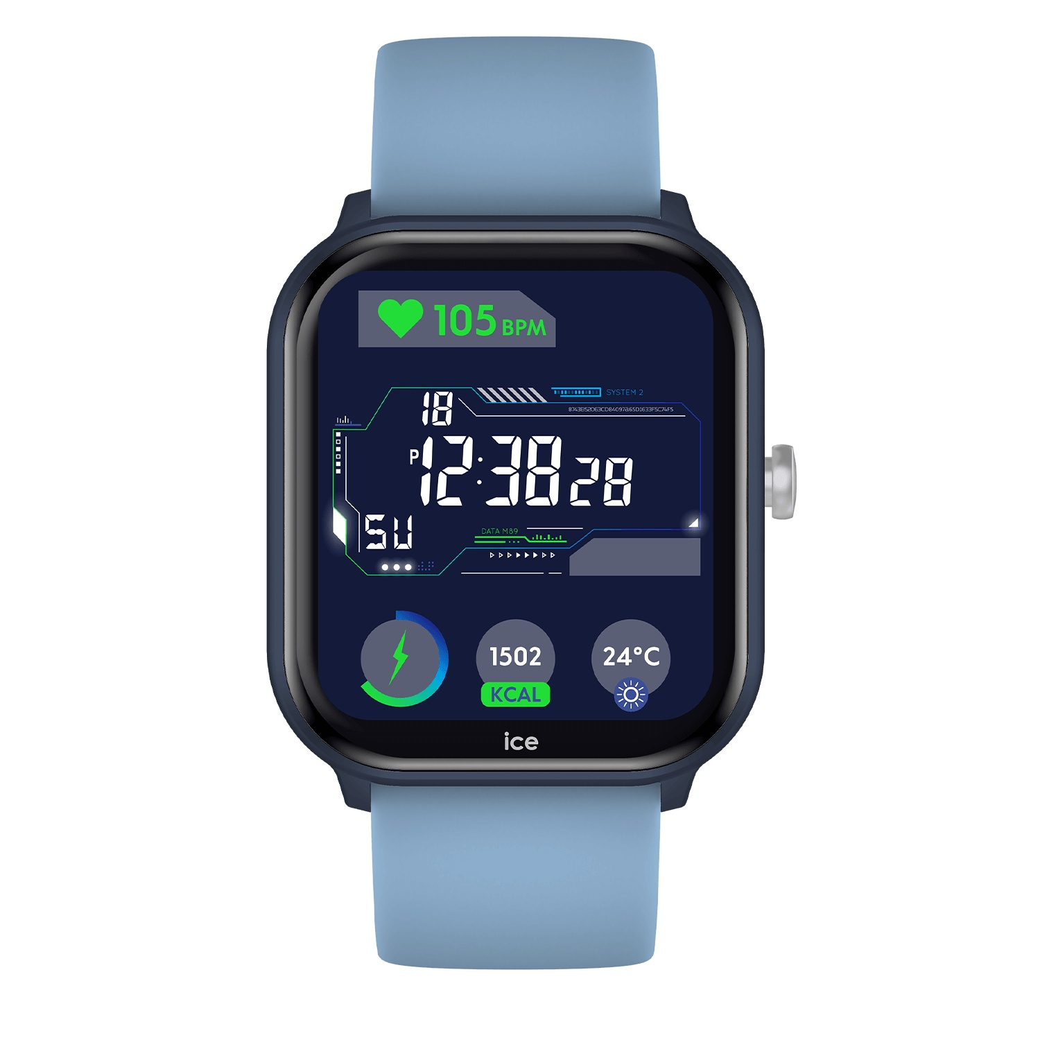 Une smartwatch bleue affiche l'heure, la fréquence cardiaque (105 BPM) et d'autres données.