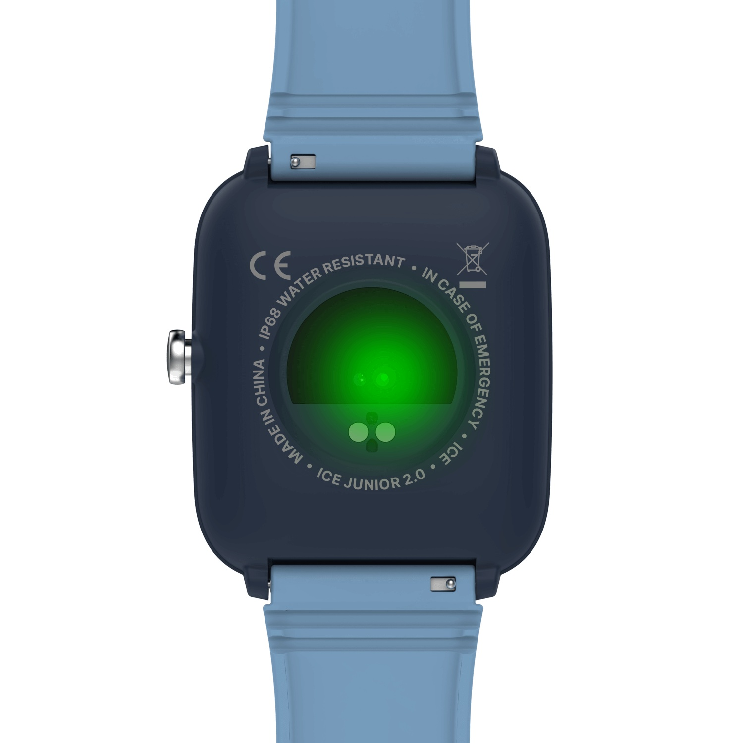 Dos de la smartwatch bleue et bleu clair. Le dos possède un capteur vert et des informations de résistance à l'eau.