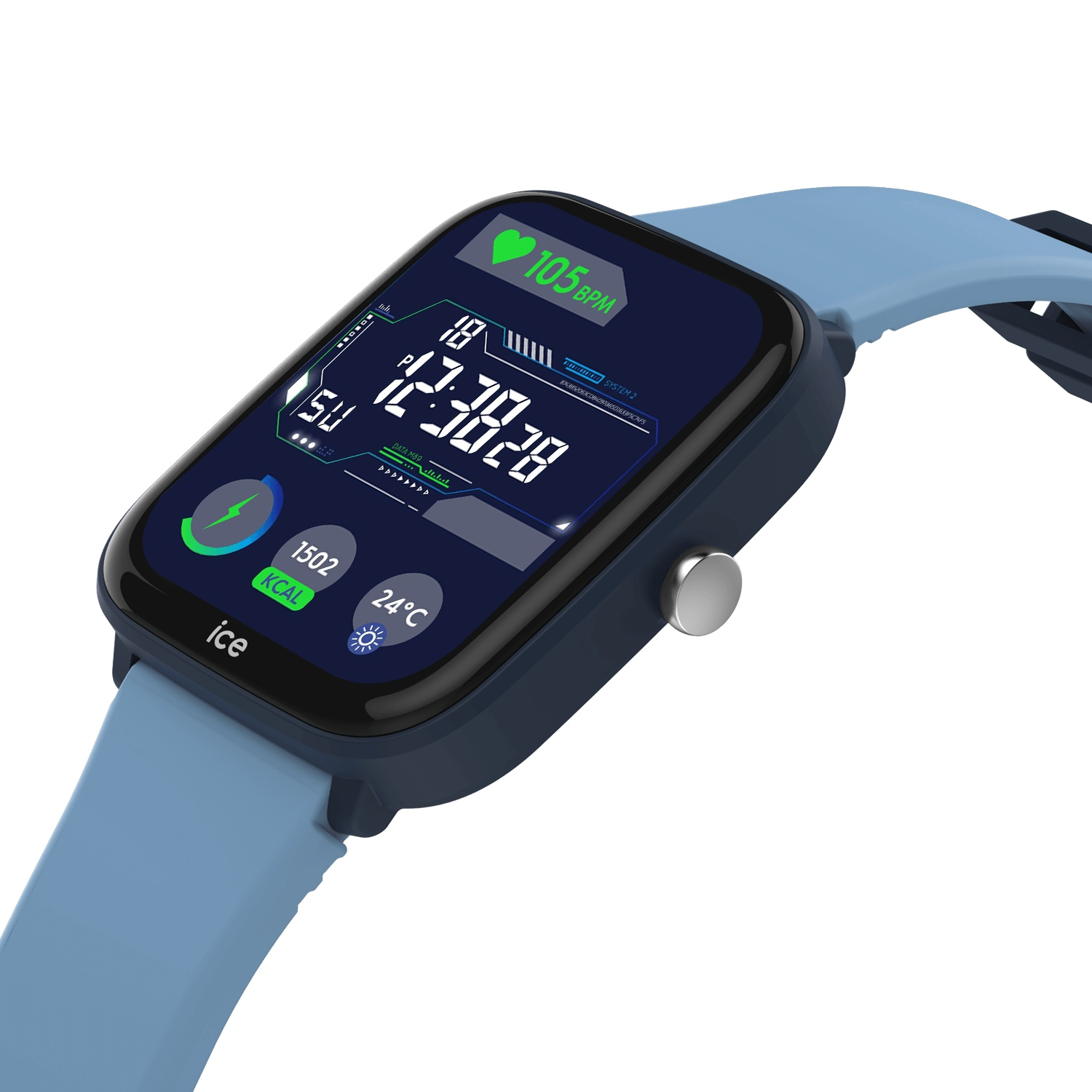 Une smartwatch avec un bracelet bleu, affichant des informations sur son écran.