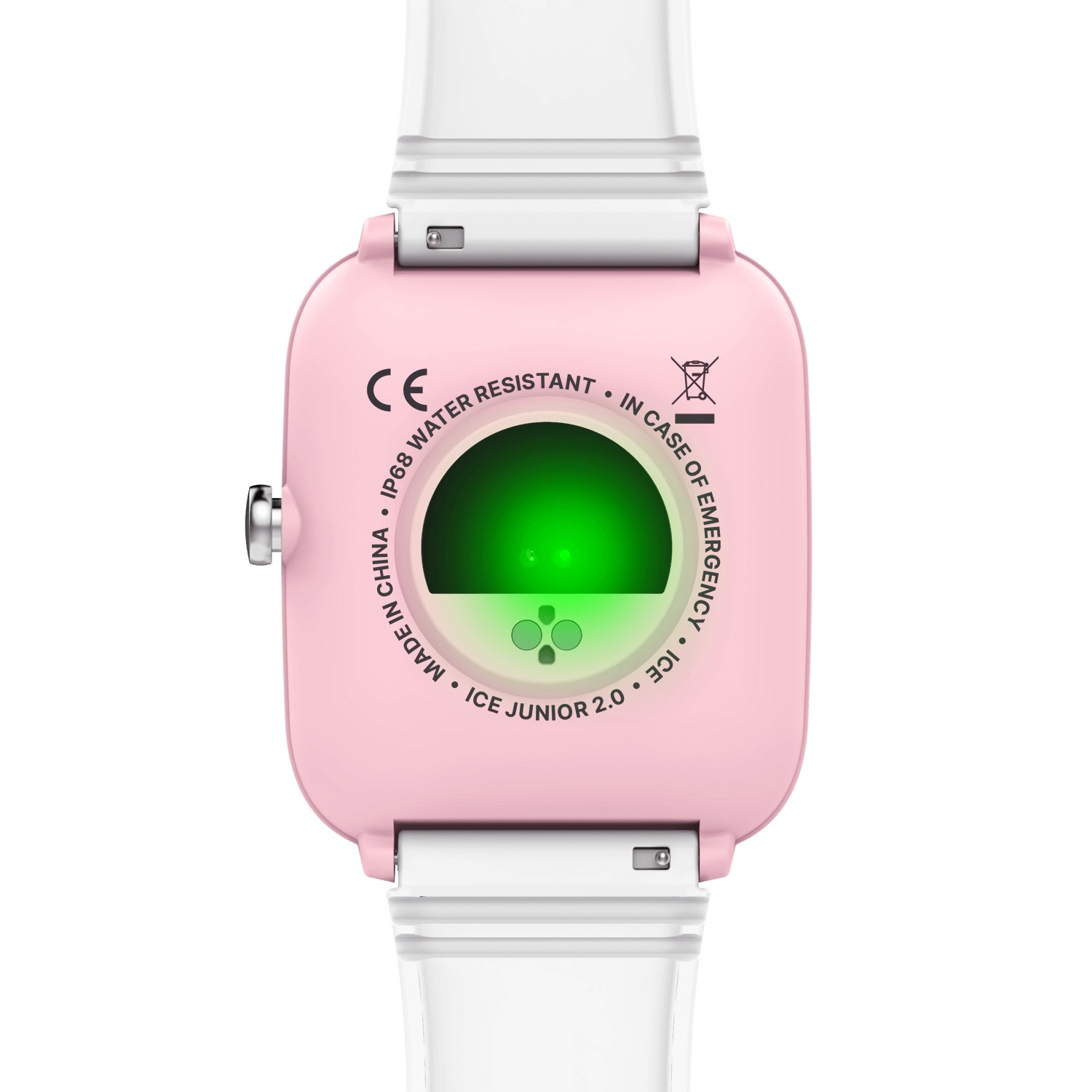 Montre connectée rose affichant un écran vert à l'arrière avec la marque 'ICE JUNIOR 2.0'.