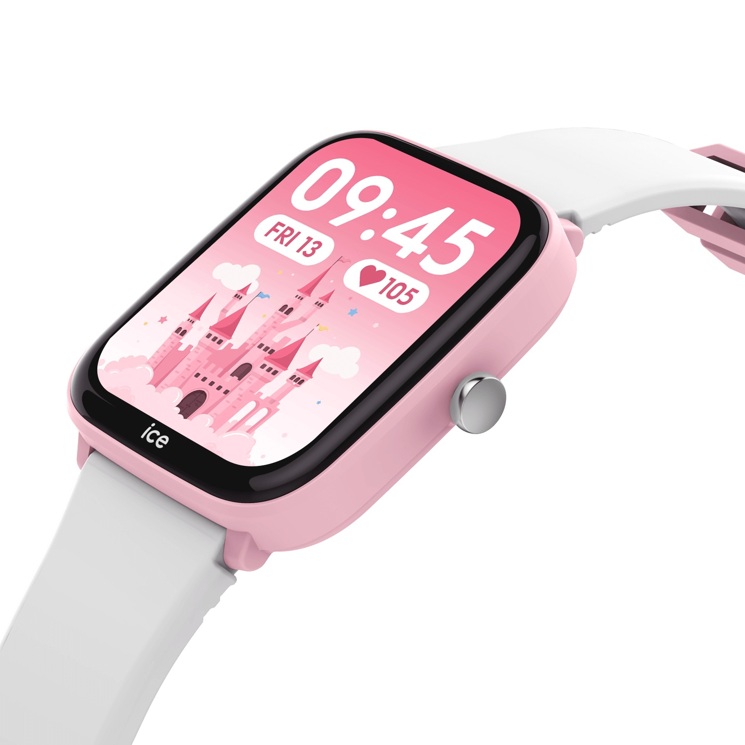 Une montre intelligente rose avec un bracelet blanc, affichant l'heure et une image de château.