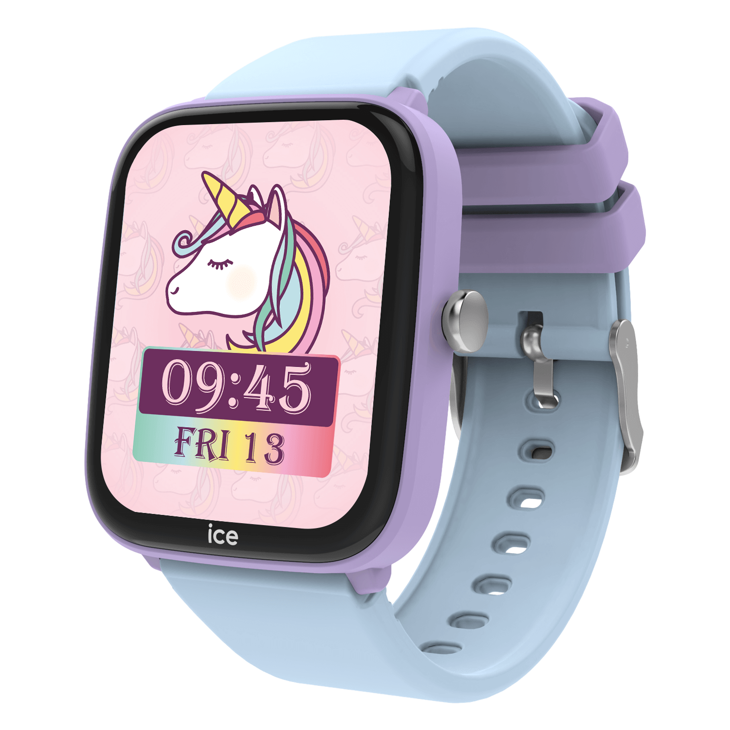 Une smartwatch pour enfants avec une licorne sur l'écran. Bracelet bleu, cadre violet.