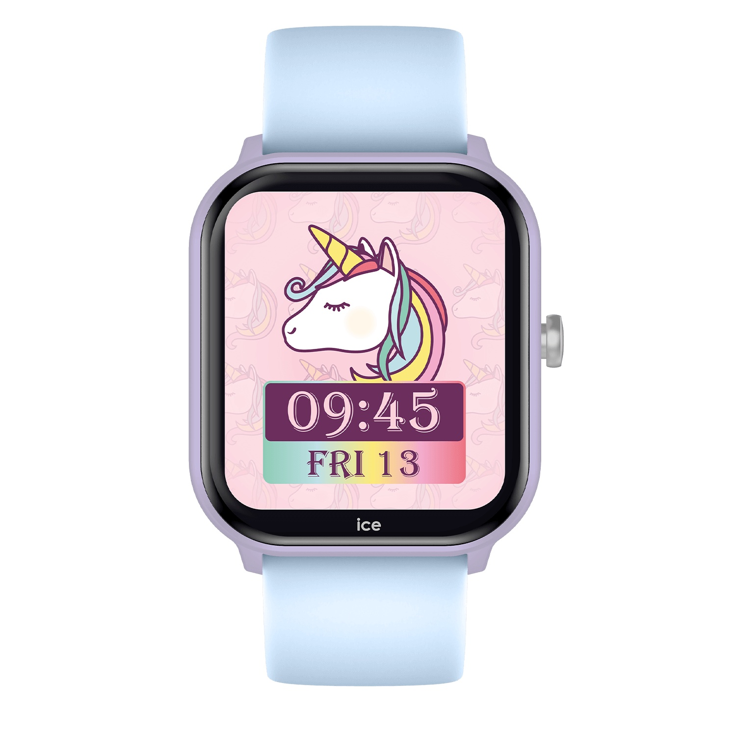 Une smartwatch avec un visage de licorne sur l'écran. Les bracelets sont bleu clair, le boîtier est violet.