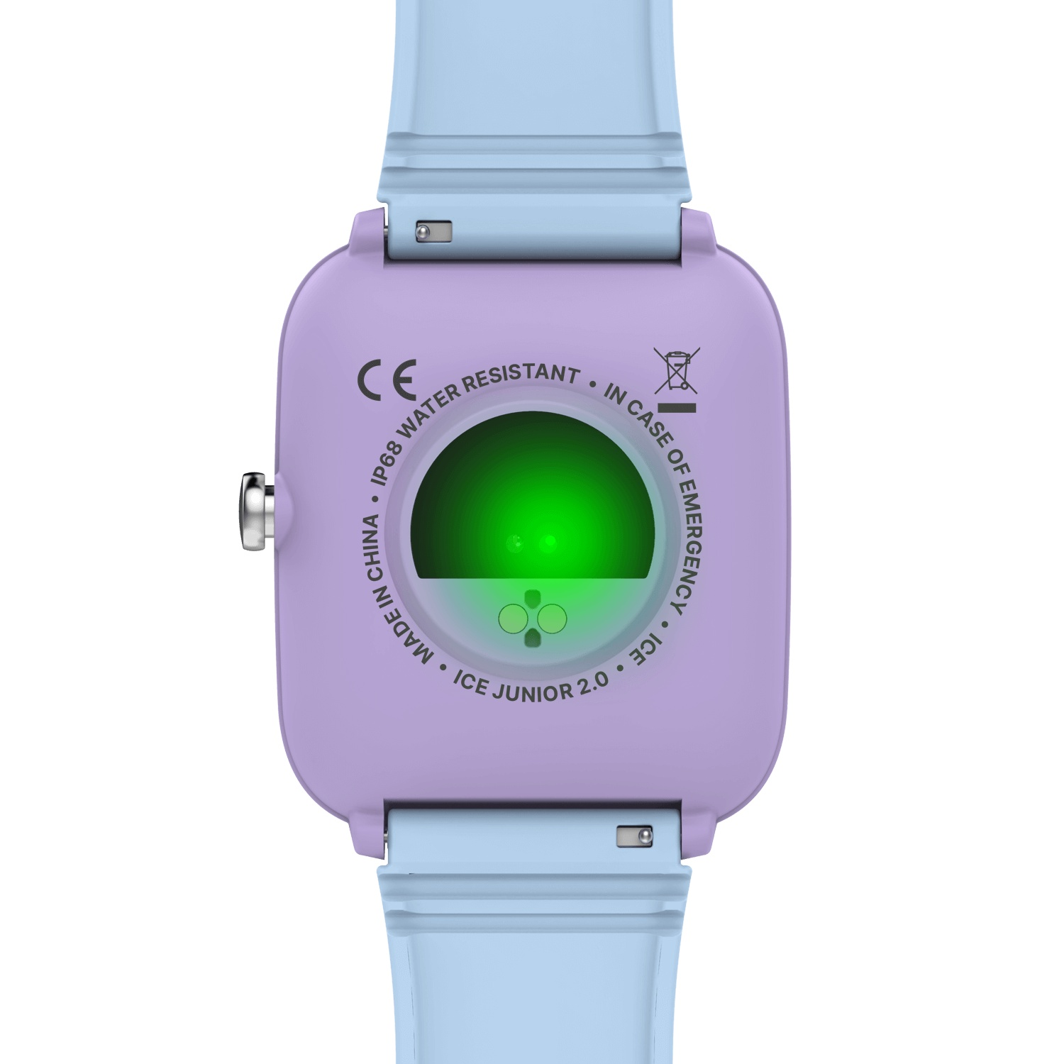 Dos d'une smartwatch, boîtier violet, bracelets bleu clair et capteur vert.