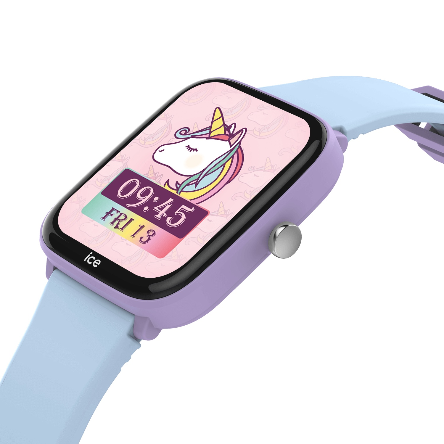Une montre connectée violette avec un écran licorne. Le bracelet est bleu clair.