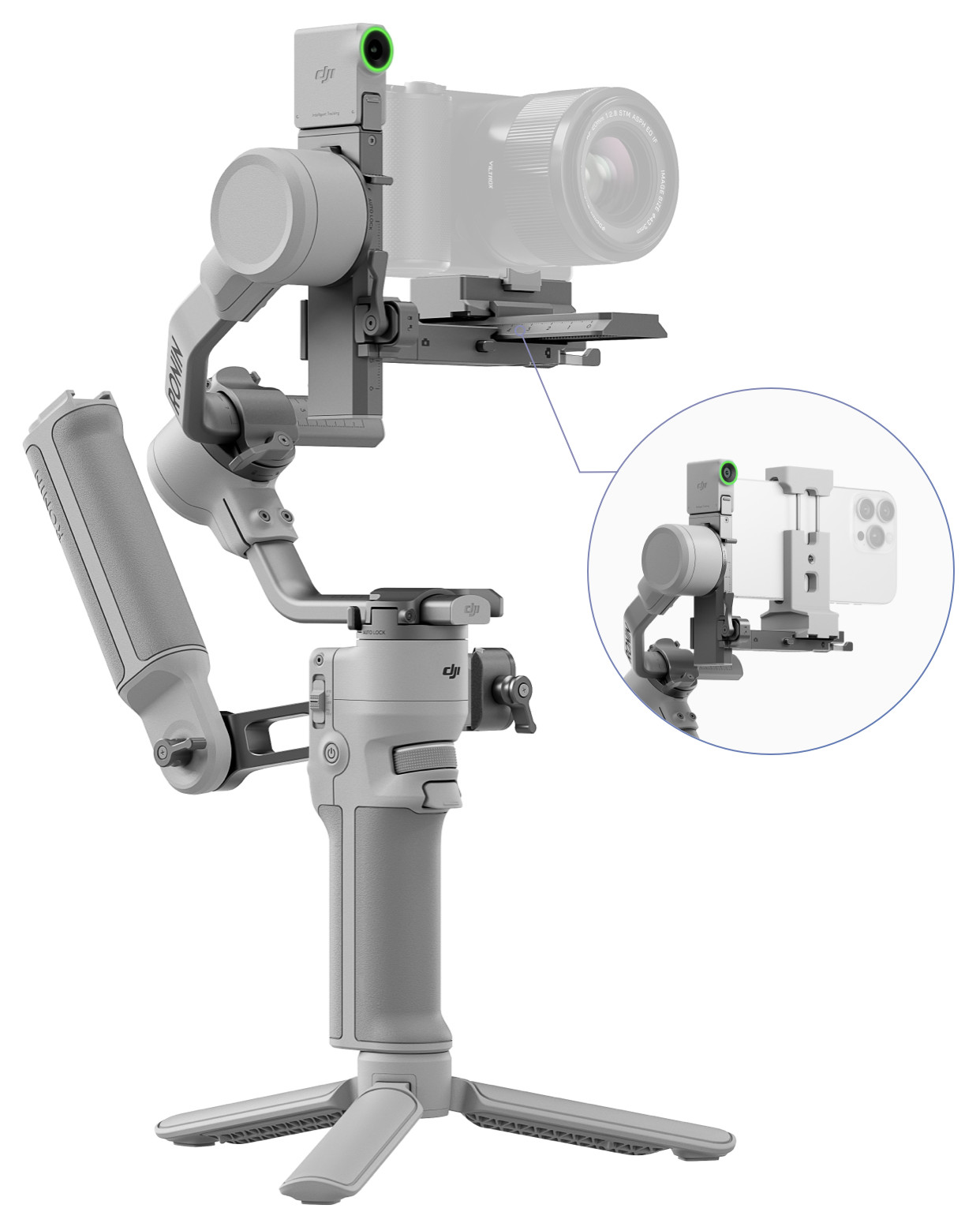 Szary stabilizator kamery z dołączoną kamerą i adapterem do smartfona, na statywie.