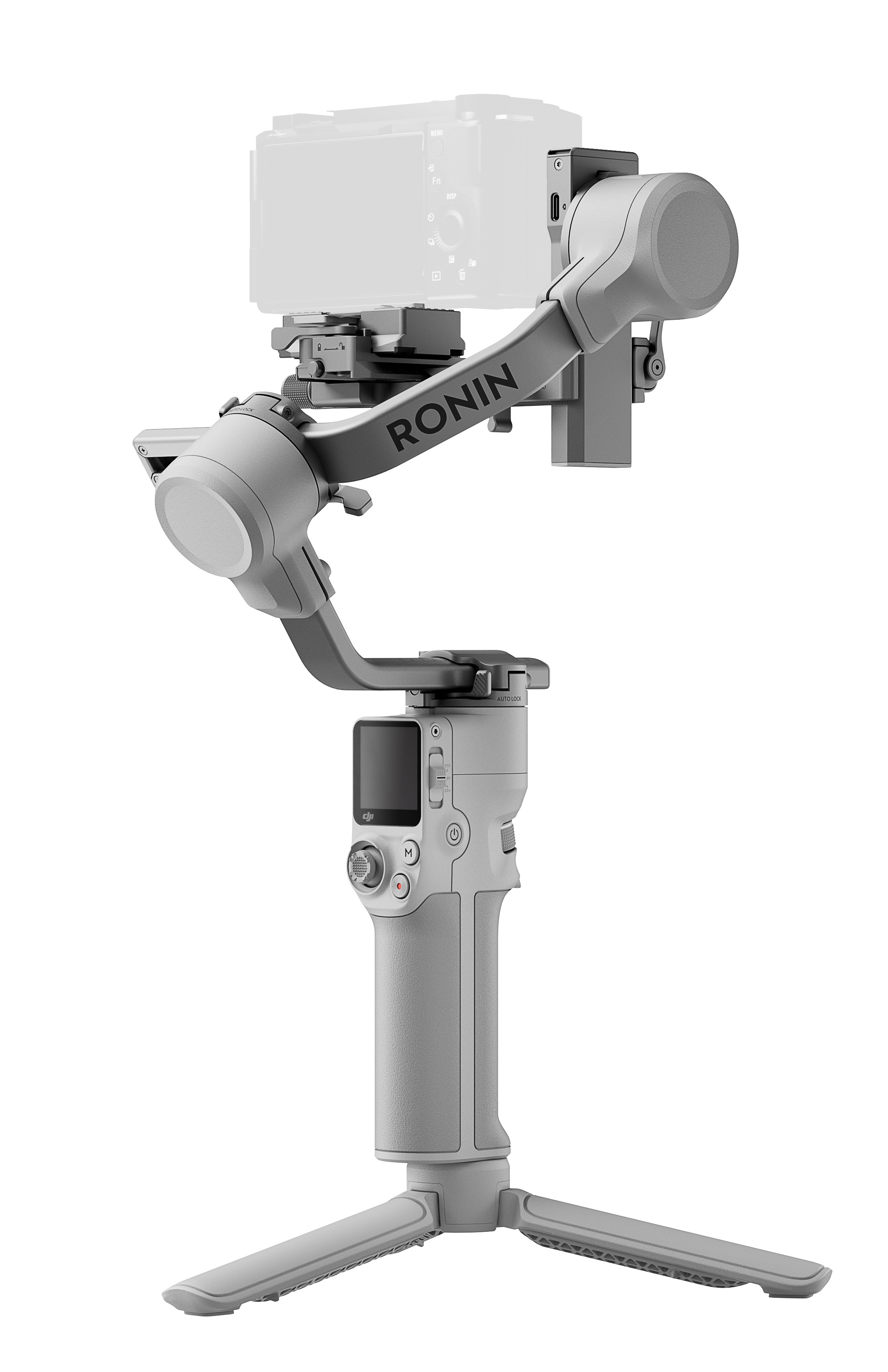 Szary stabilizator kamery Ronin na białym tle, z dołączoną kamerą.