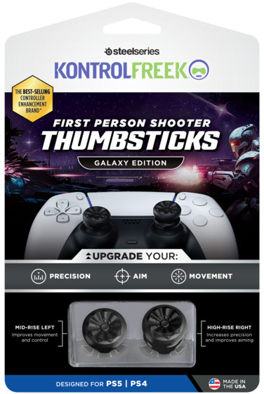 Opakowanie nakładek na gałki kontrolera do gier, z widocznym kontrolerem.