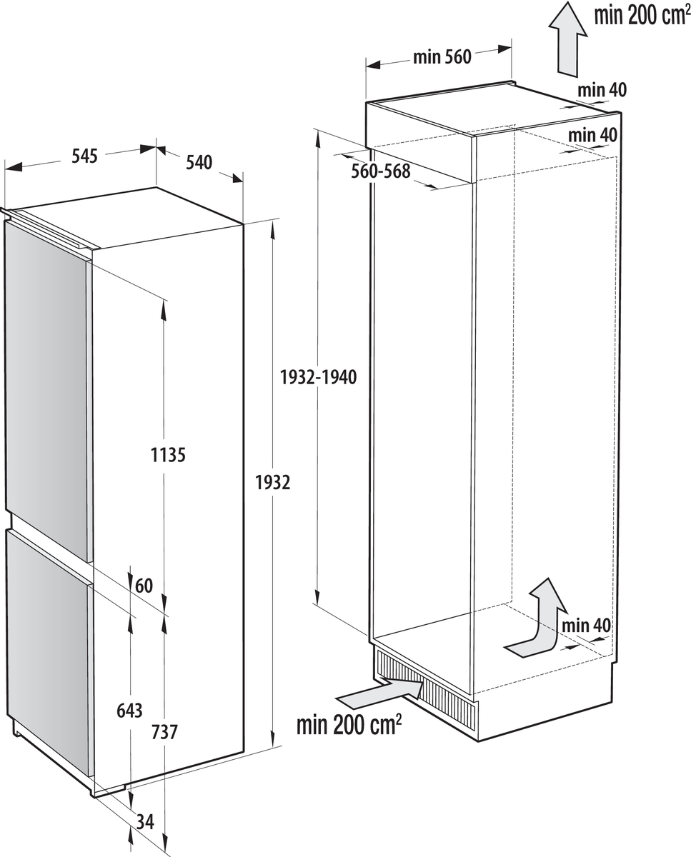 Egy fehér hűtőszekrény diagramja, amely a méreteket és a szellőztetési követelményeket mutatja.