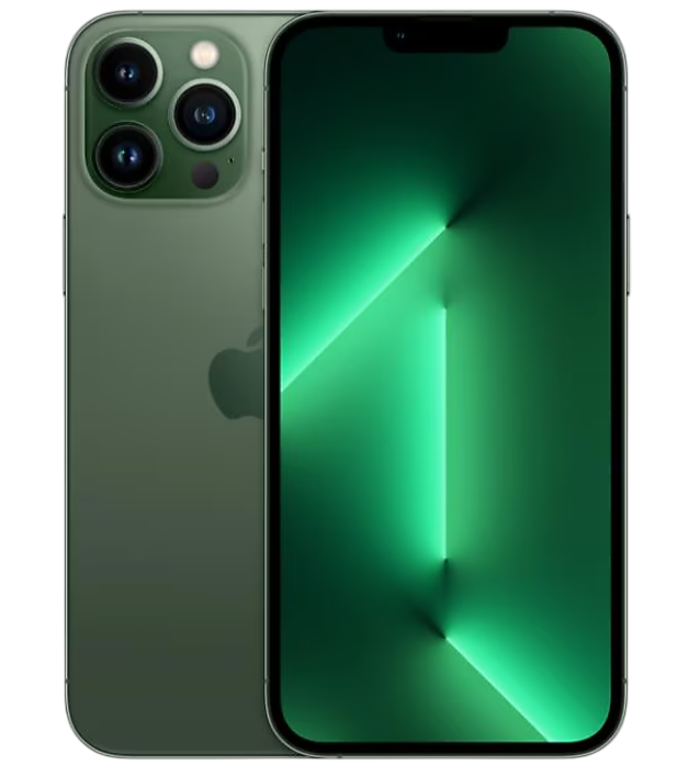 Yeşil ekranlı yeşil iPhone 13 Pro, yeşil grafik gösteriyor, siyah arka plan.