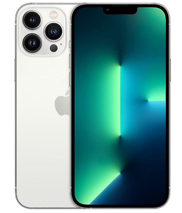 Beyaz iPhone 13 Pro, üçlü kamera, arkada, önde ekran, izole edilmiş.