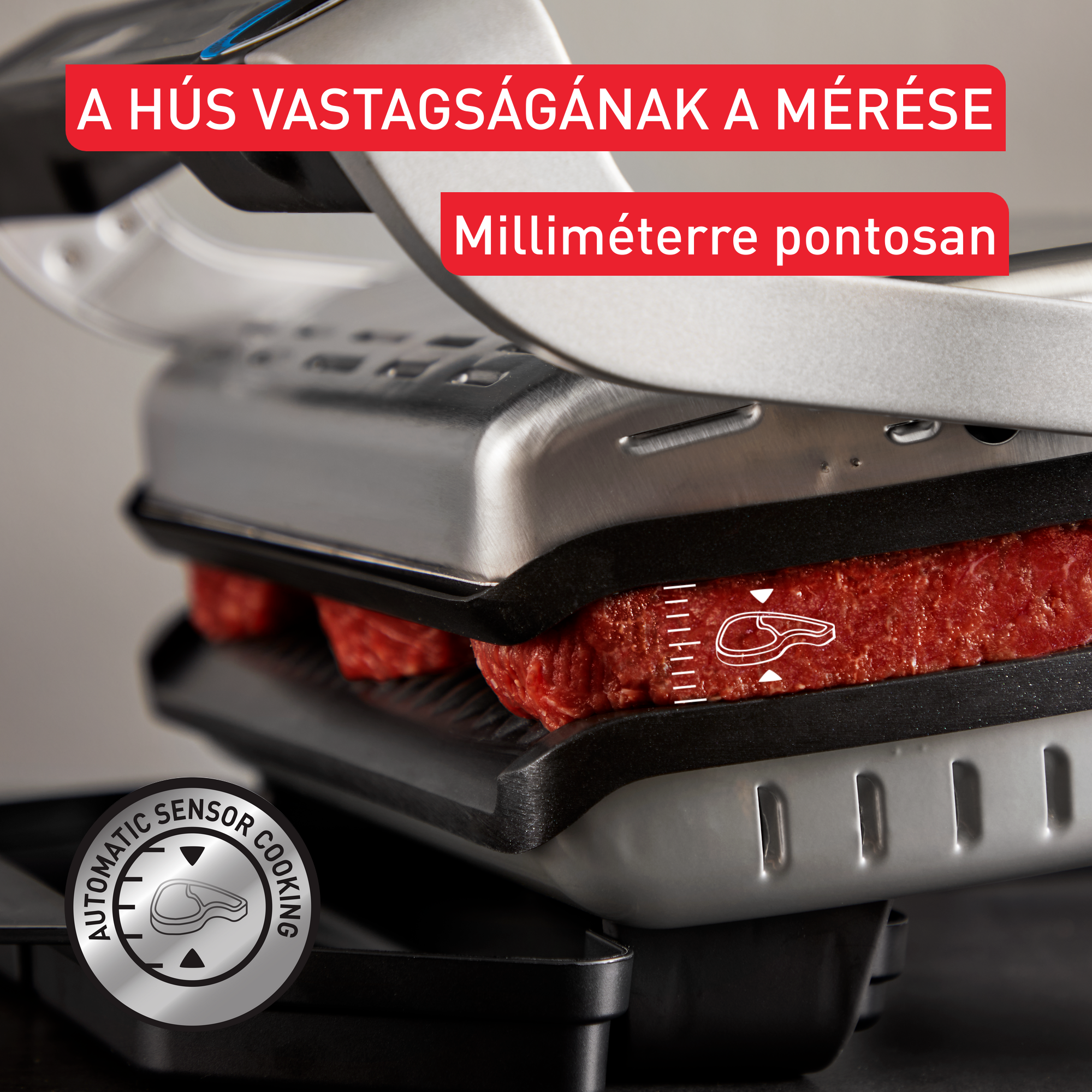 A grill közelképe hússal. A szöveg: 'A hús vastagságának mérése'.