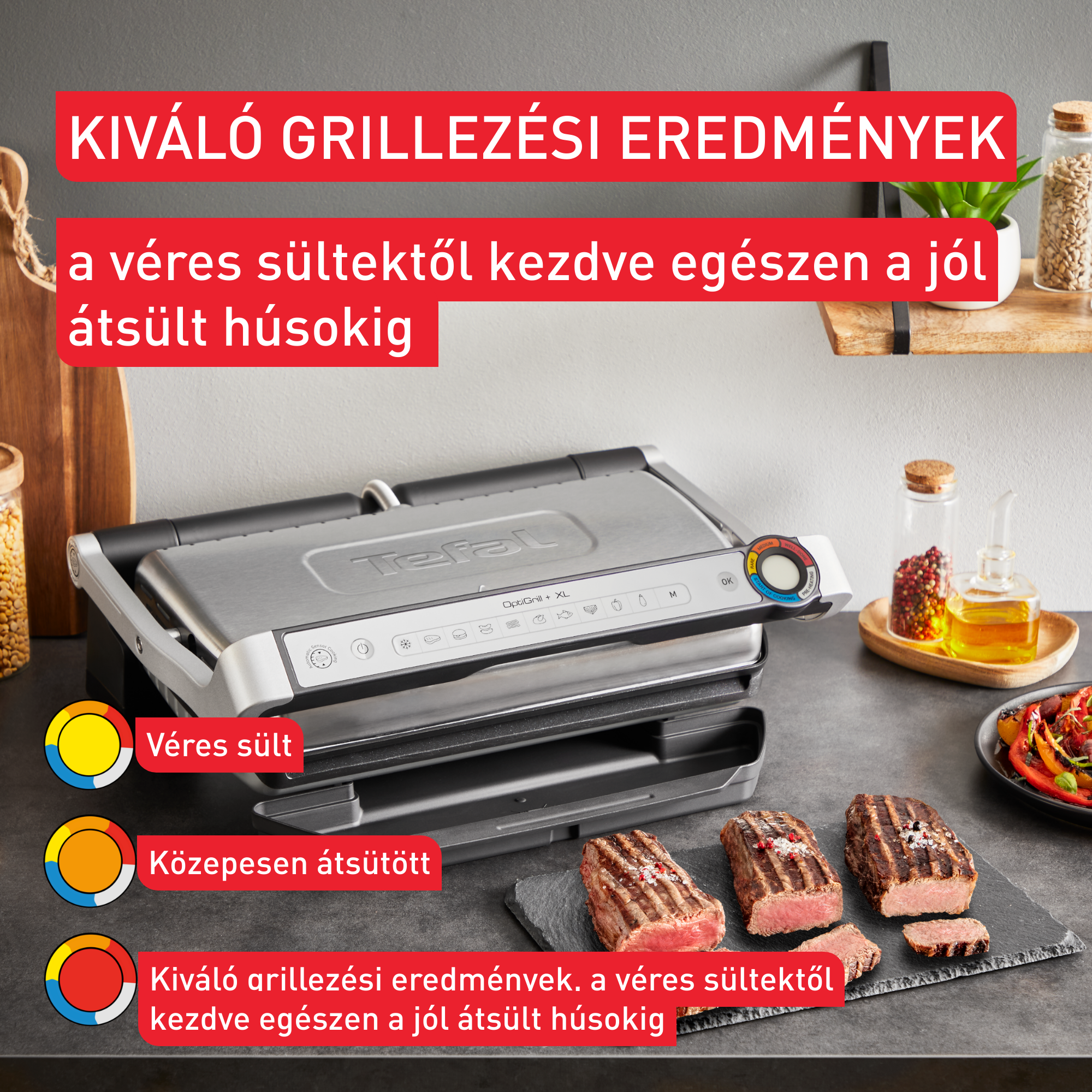 Grill, steakkel, és magyar nyelvű szöveg a grillezés eredményeiről.