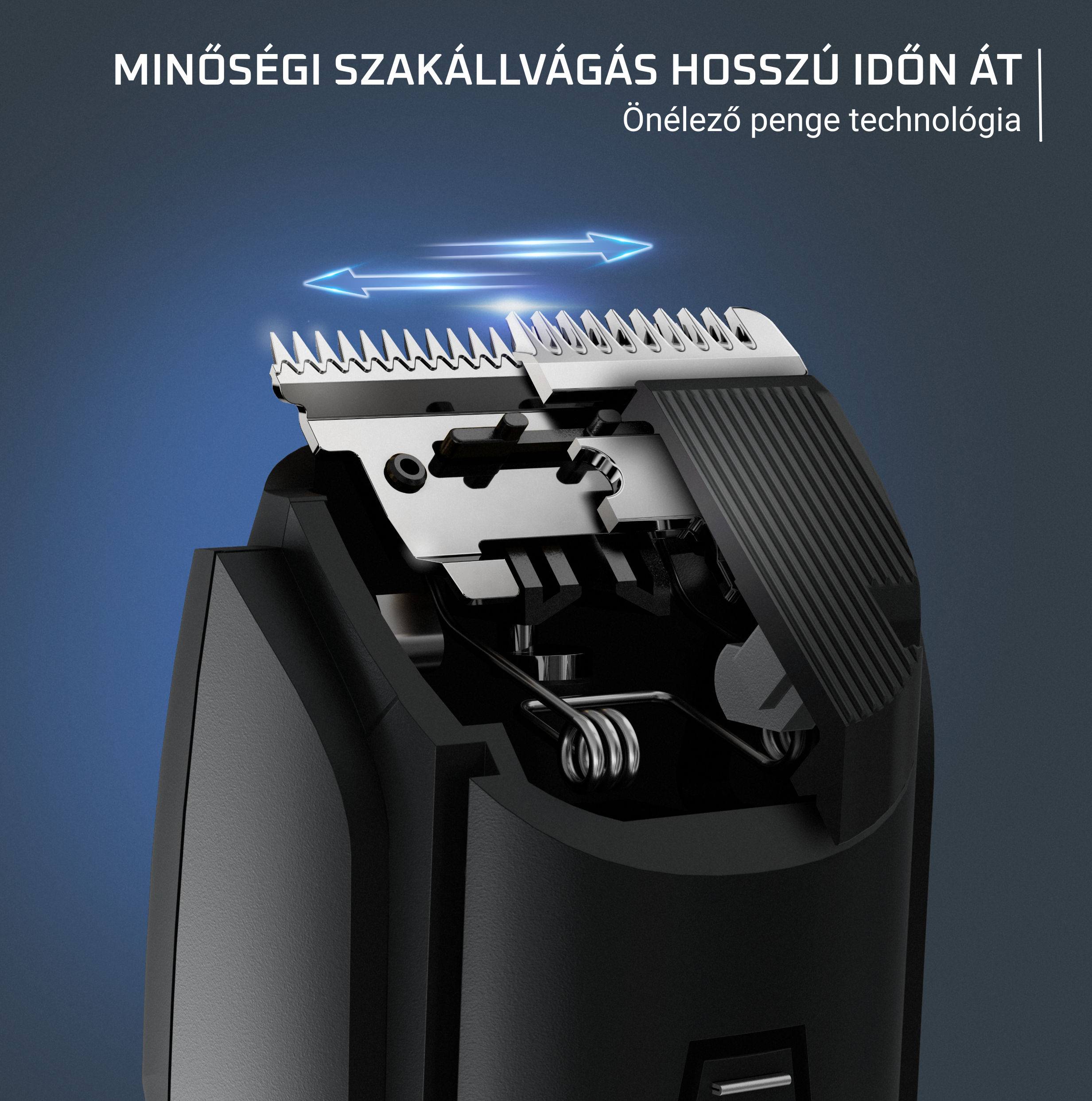 Közelkép a szakállvágó pengéről, mozgást jelző nyilakkal.