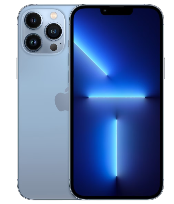 Açık mavi renkte iPhone 13 Pro. Üç arka kamera, gümüş çerçeve ve büyük bir ekran.