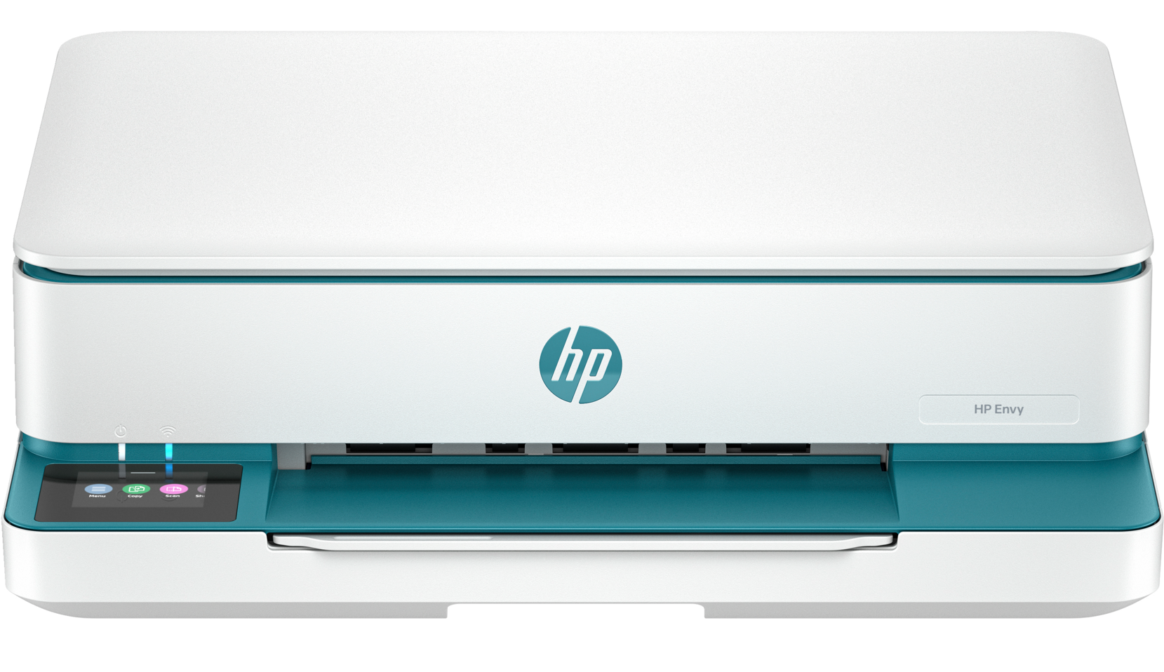 Drukarka HP Envy z białą górą i turkusowymi akcentami. Logo HP jest turkusowe.