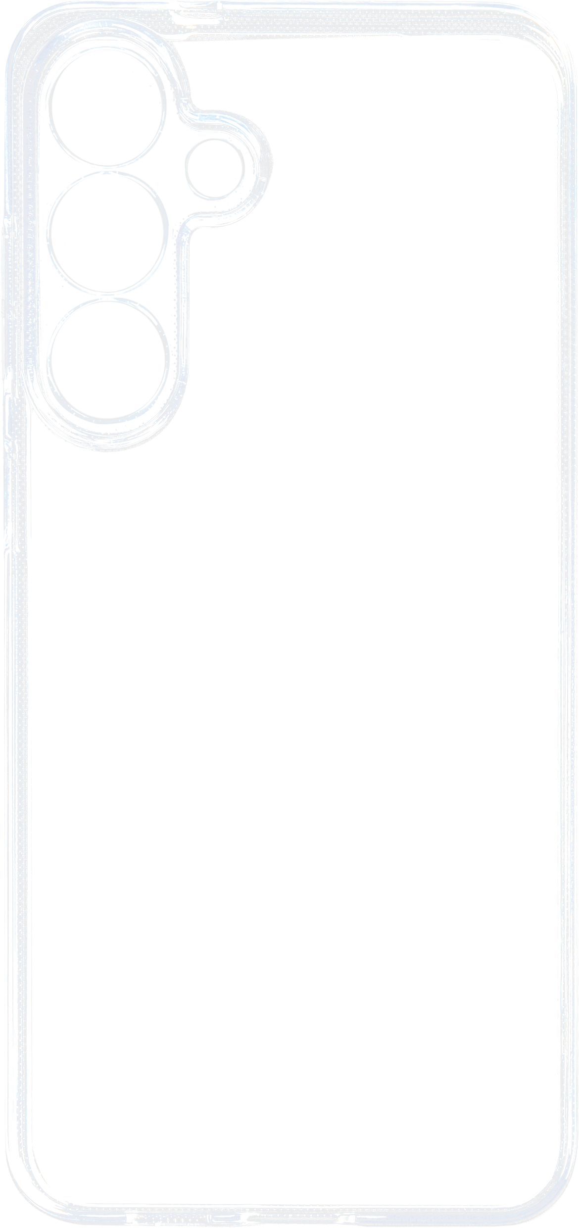 Une coque de téléphone transparente avec trois découpes pour l'appareil photo. Fond noir.
