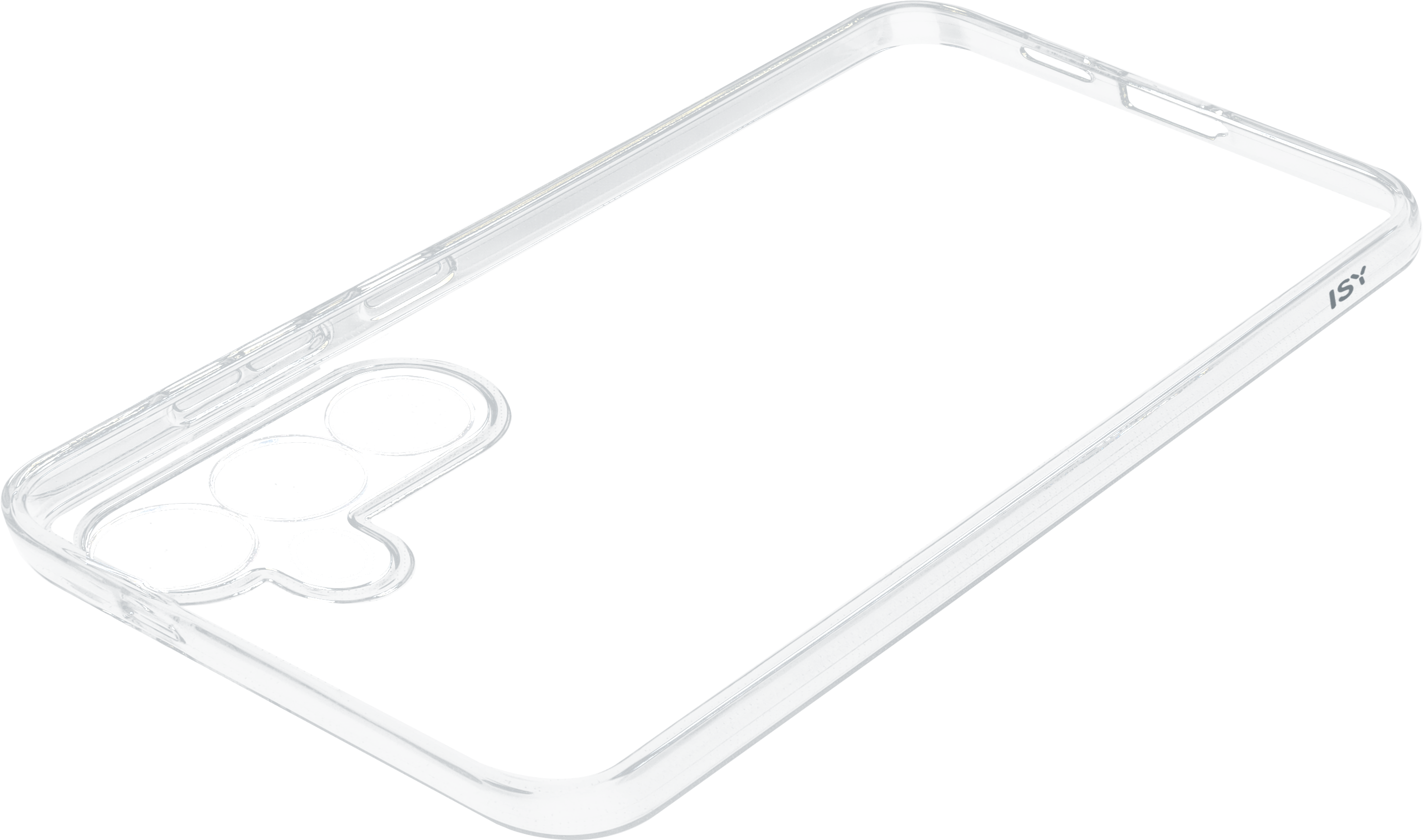 Une coque de téléphone transparente avec des découpes pour appareil photo sur fond noir.