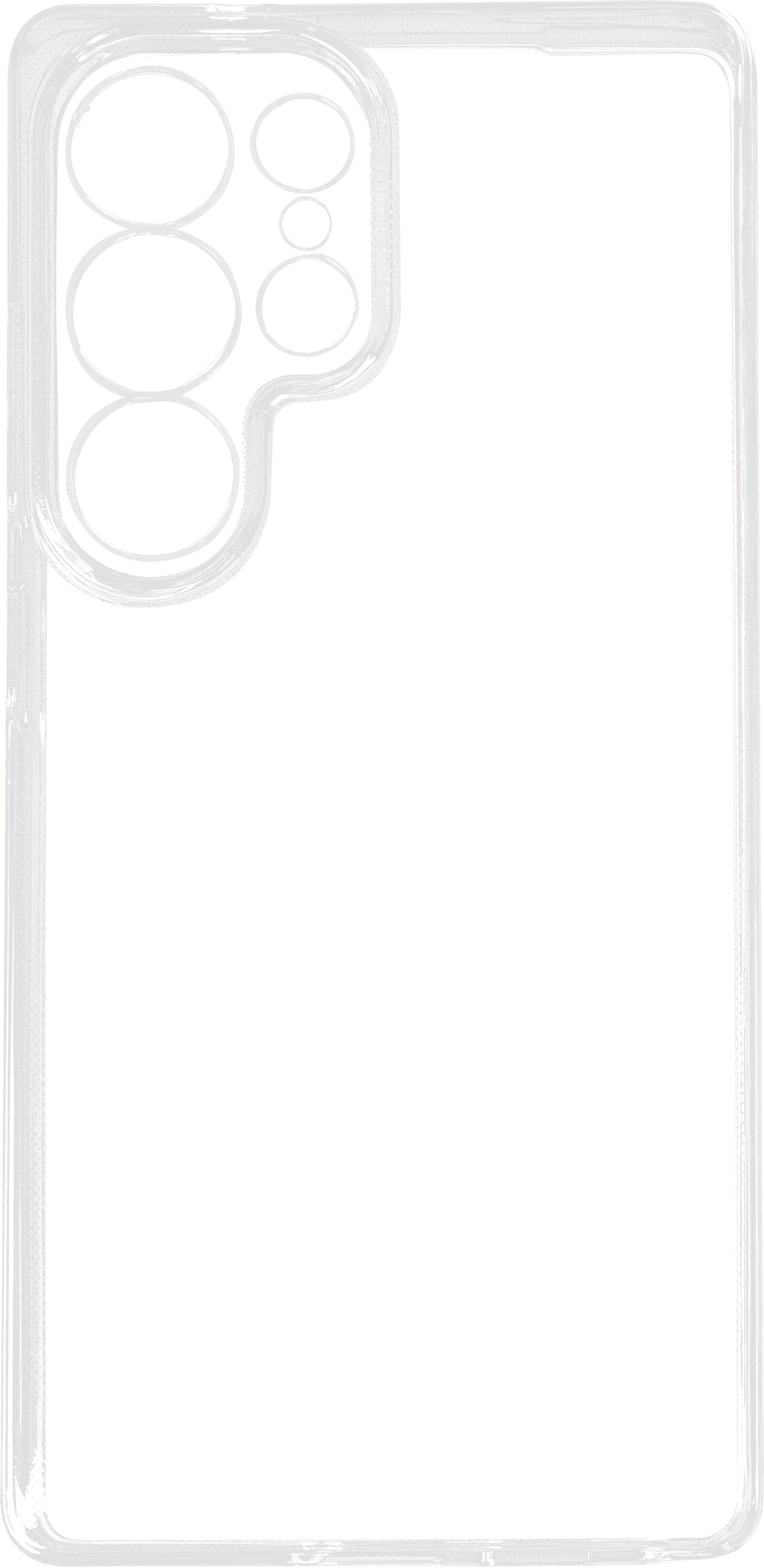 Coque de téléphone transparente, montrant les découpes de l'appareil photo et l'arrière du téléphone, sur fond noir.