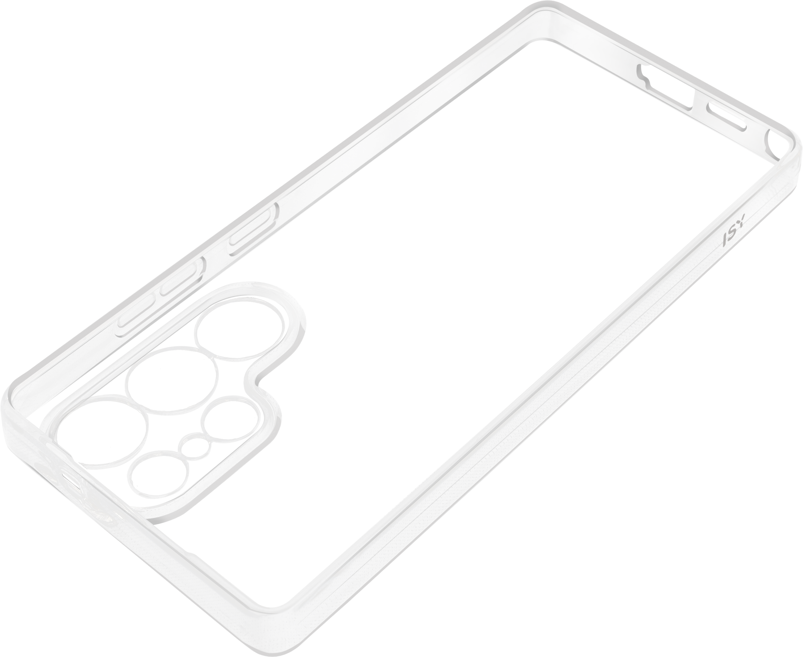 Une coque de téléphone transparente. Elle a des ouvertures pour les caméras et les boutons, avec un bord surélevé.