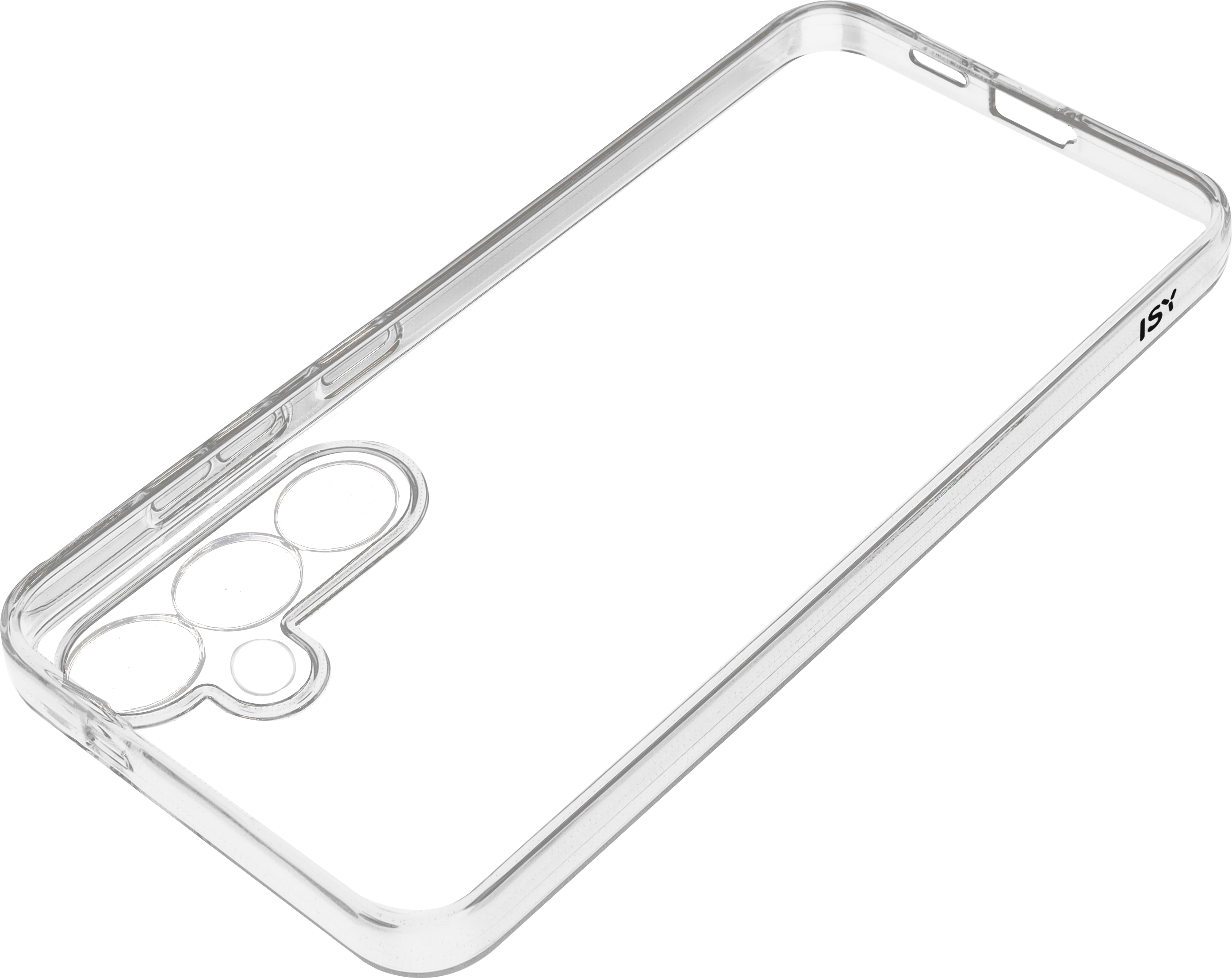 Coque de téléphone transparente sur fond noir avec trois cercles de caméra.