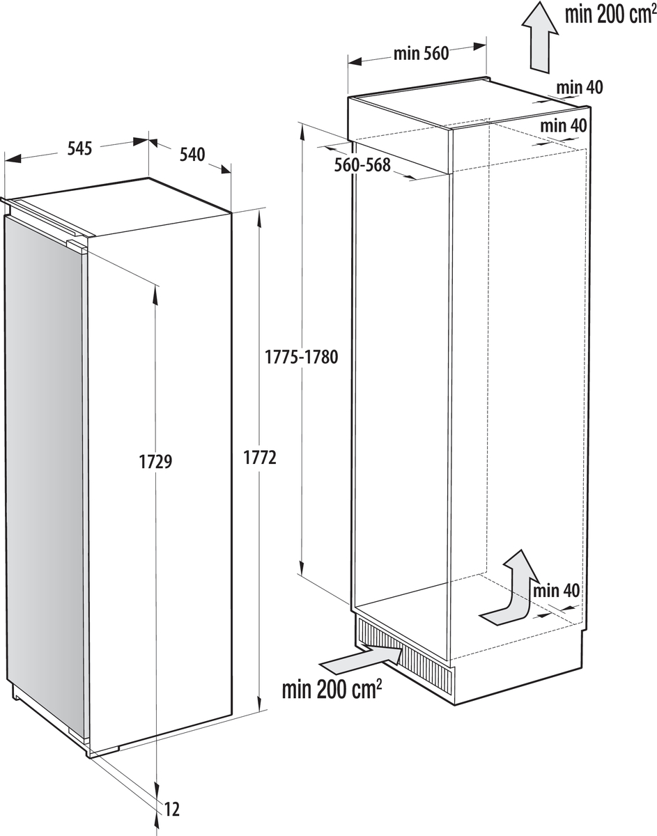 Hűtőszekrény, méretekkel. Egy diagram a hűtő méreteit és szellőzését mutatja.