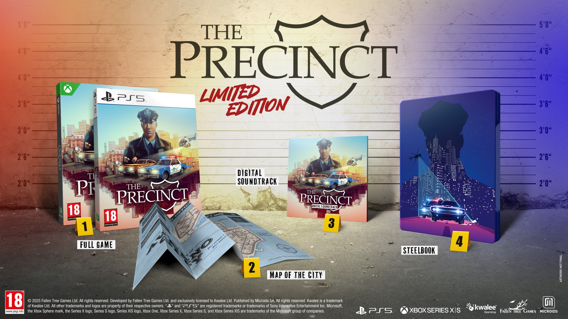 Pudełka z grą i mapa. The Precinct edycja limitowana. Pokazuje pudełko, mapę i steelbook.