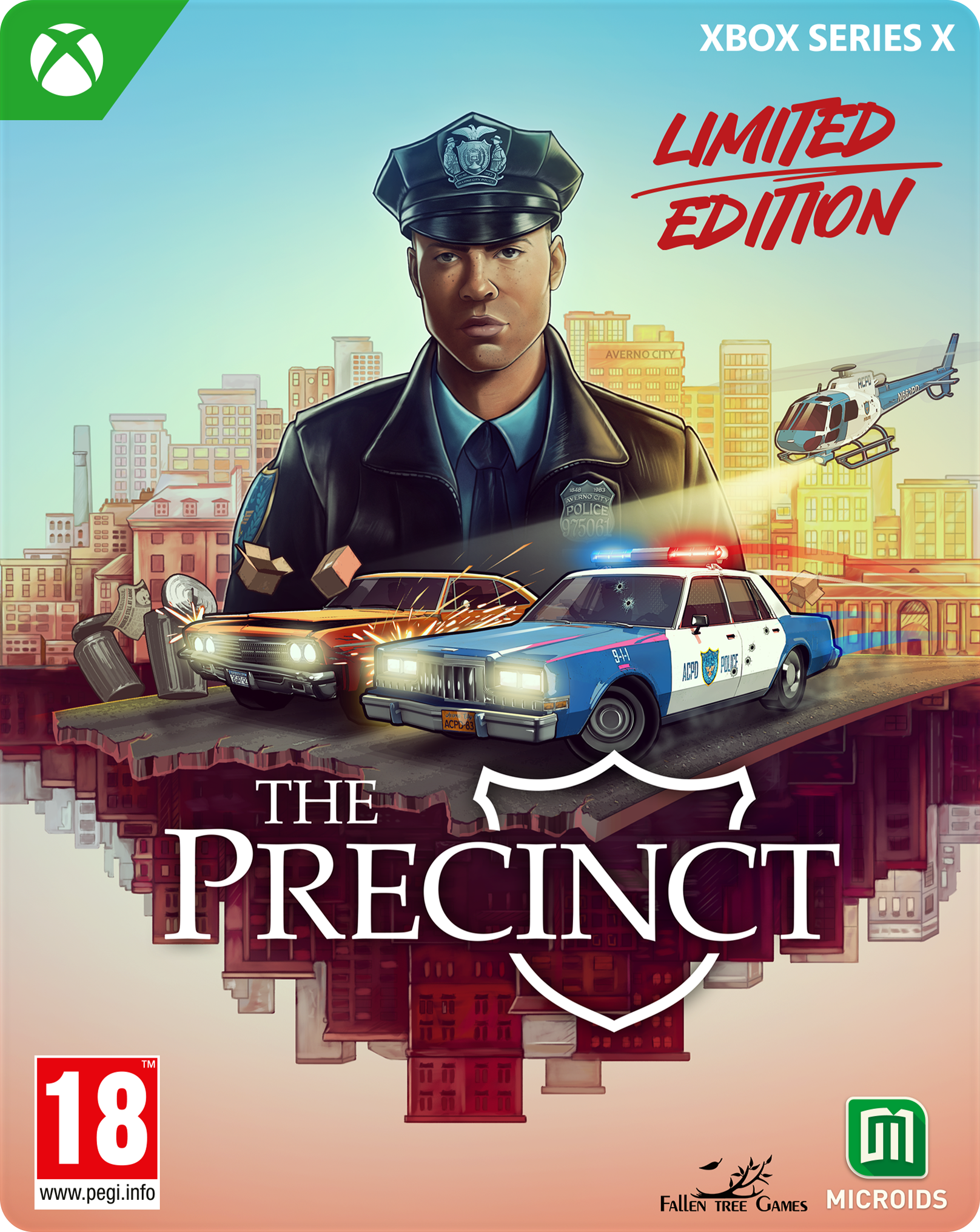 Grafika pudełka gry The Precinct, Edycja Limitowana na Xbox Series X. Samochód policyjny i policjant.