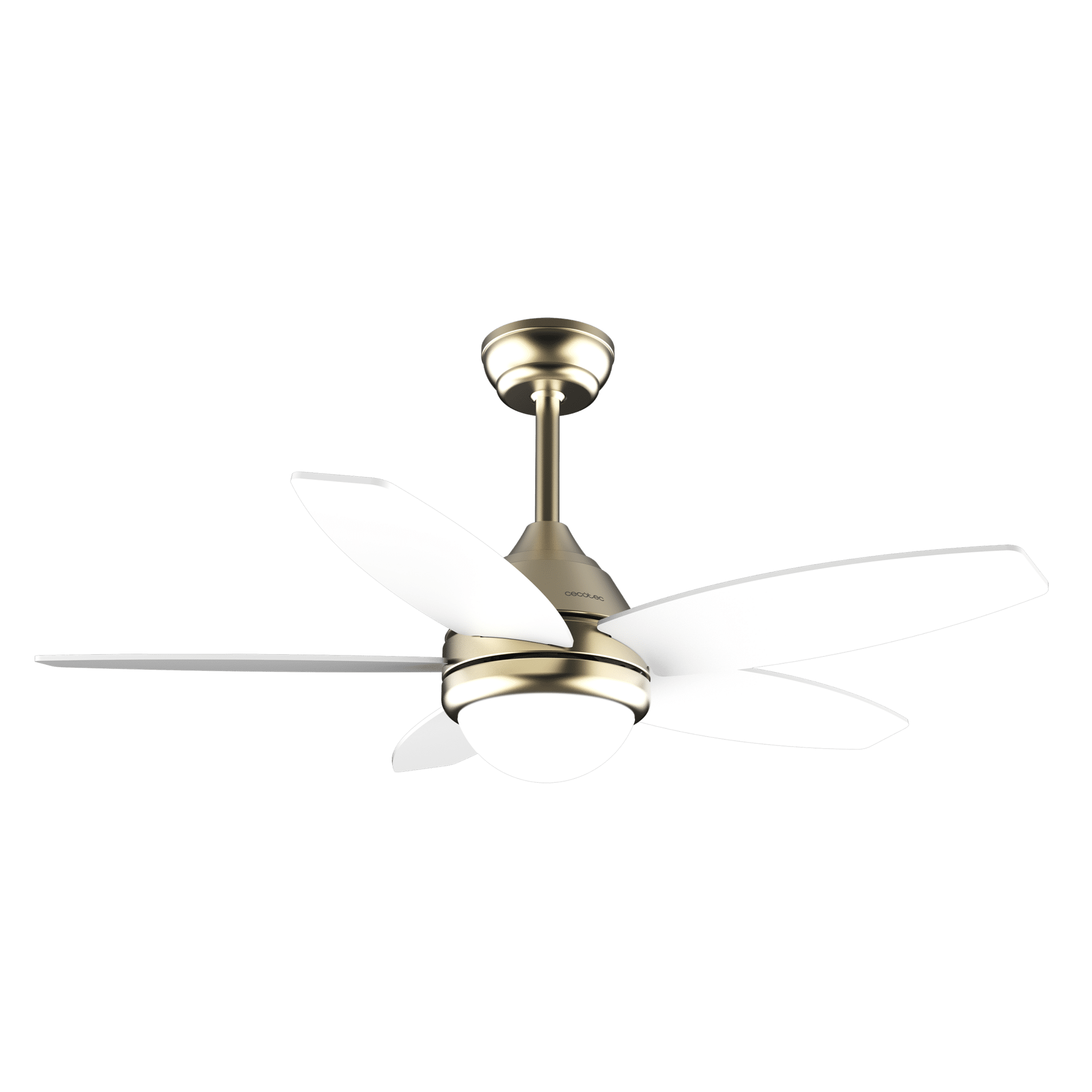 Un ventilador de techo moderno con cinco aspas blancas y carcasa de latón.