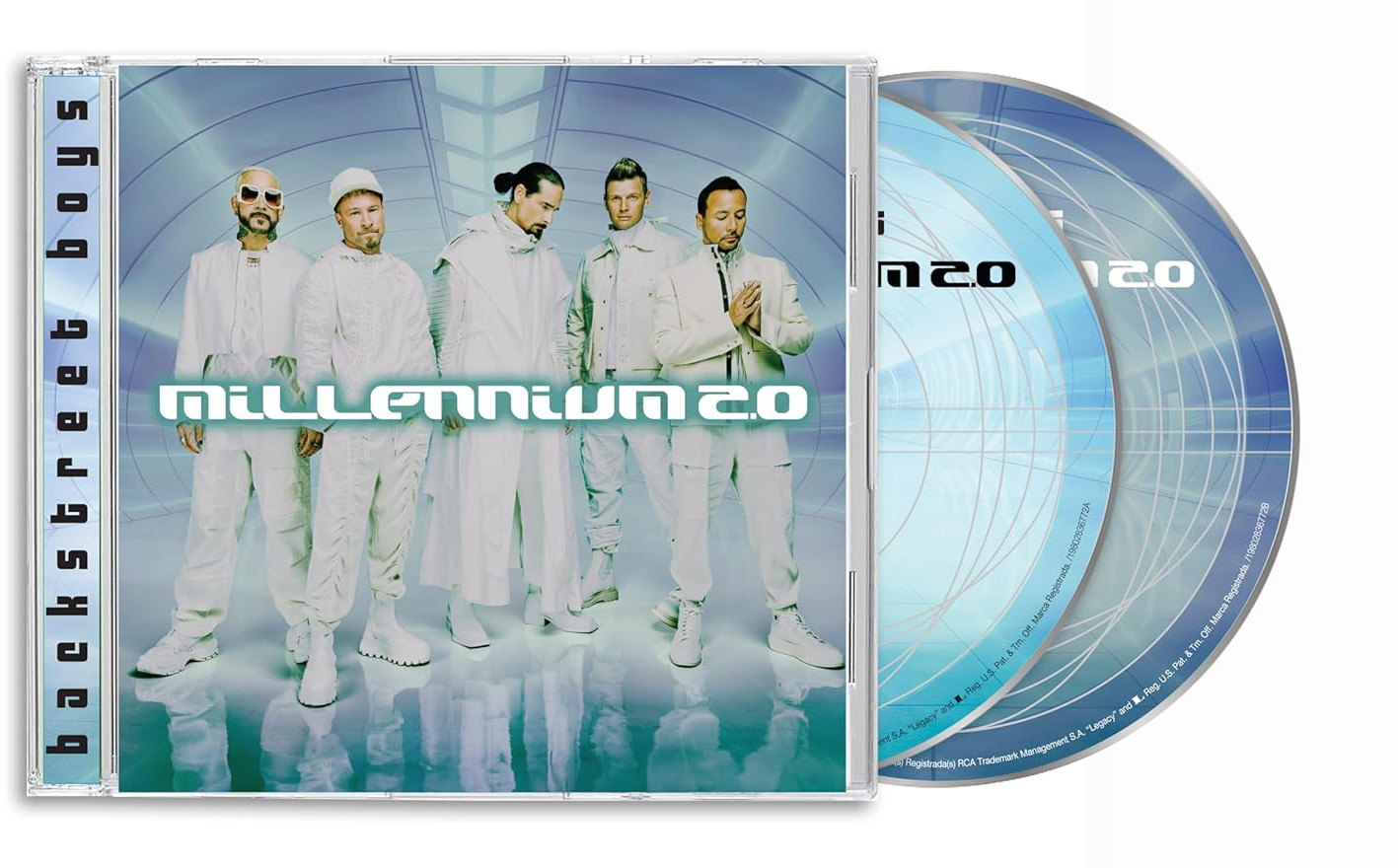 Millennium 2.0 CD album. A Backstreet Boys ezüst háttér előtt áll, két CD-vel.