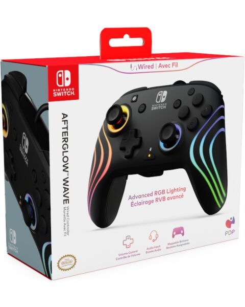 Mando Nintendo Switch negro y rojo en una caja, con diseño de luz colorida.