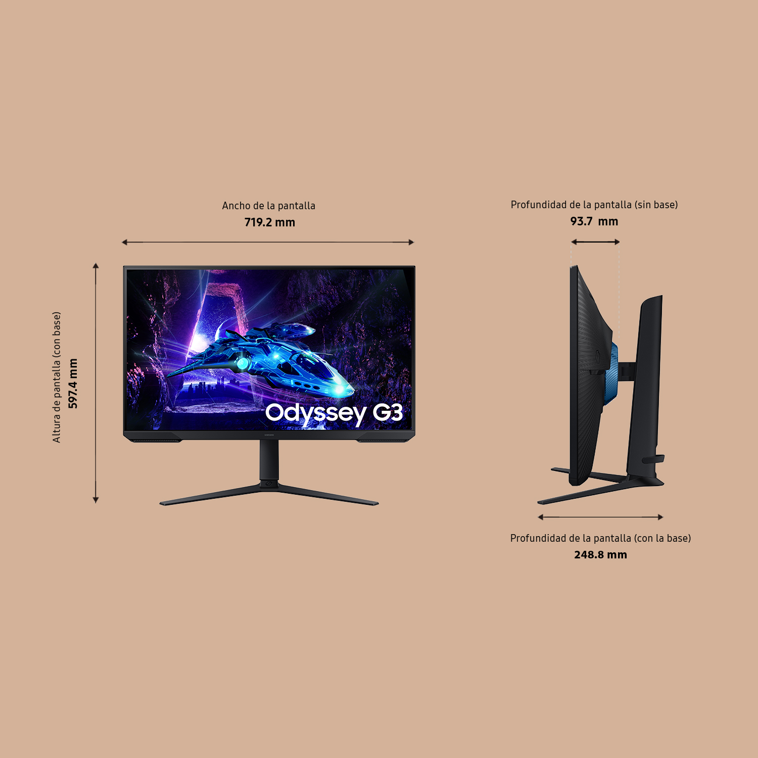 Un monitor que muestra una pantalla de juego y dimensiones, con un soporte negro.