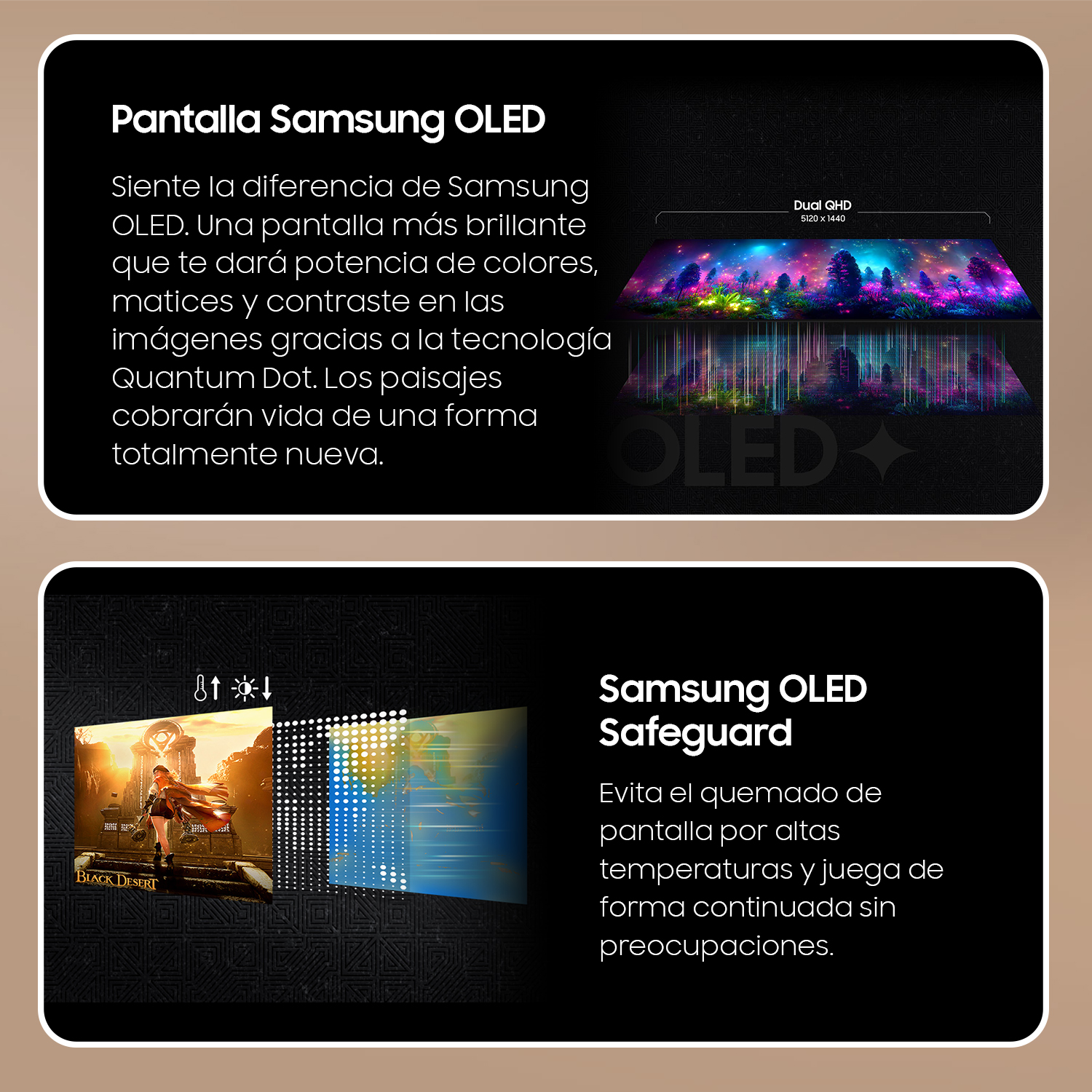 Pantalla Samsung OLED con texto en español. Muestra imágenes de una pantalla y sus funciones.