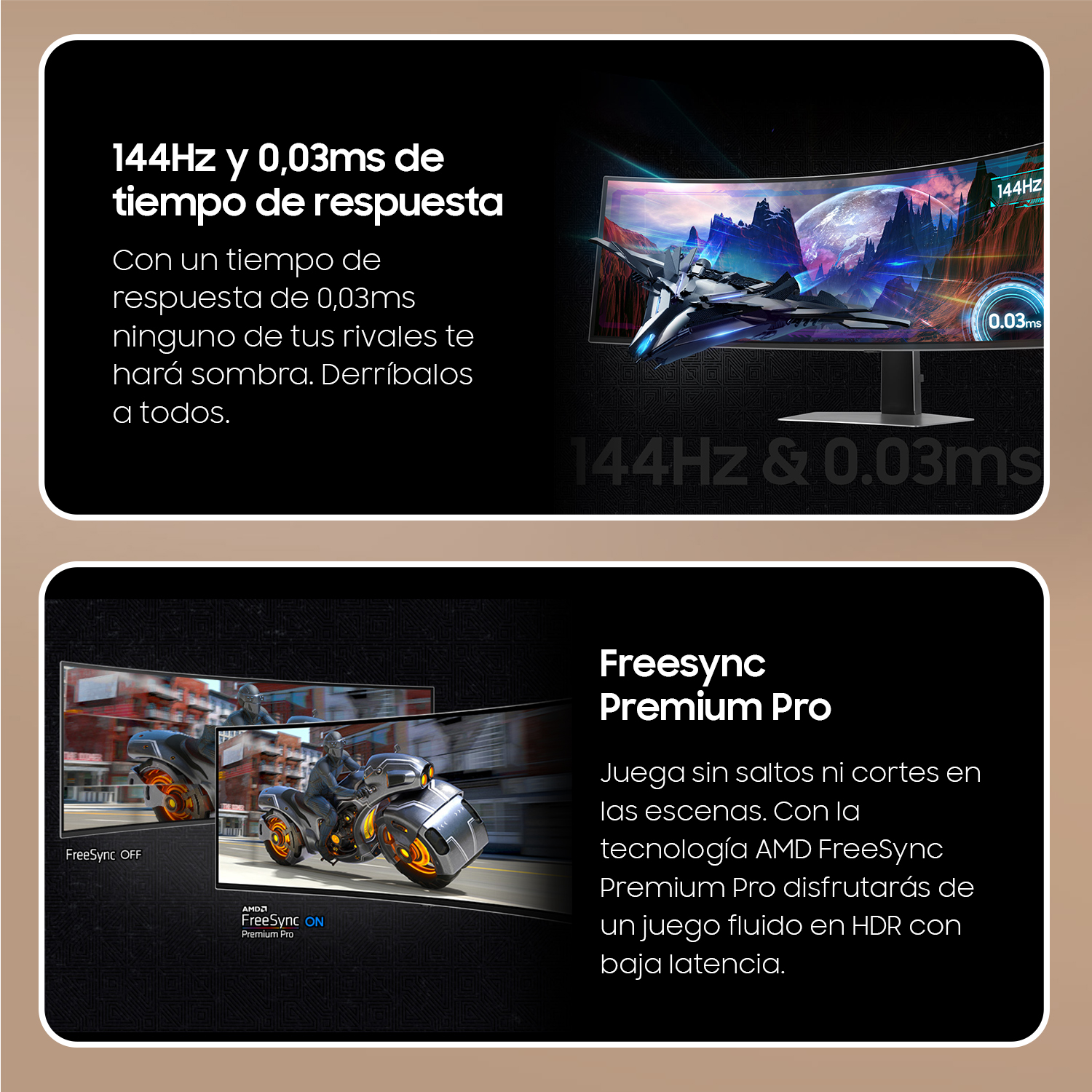Monitor gaming con 144Hz y 0,03ms de tiempo de respuesta. Cuenta con FreeSync Premium Pro y panel IPS.