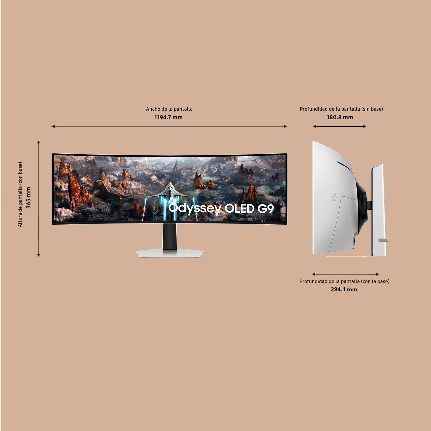 Monitor con dimensiones. Es curvo con una pantalla ancha. Tiene un soporte plateado.
