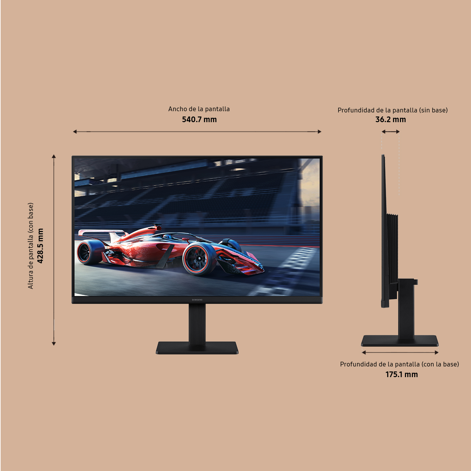 Monitor con imagen de coche de carreras, con dimensiones mostradas sobre fondo beige.