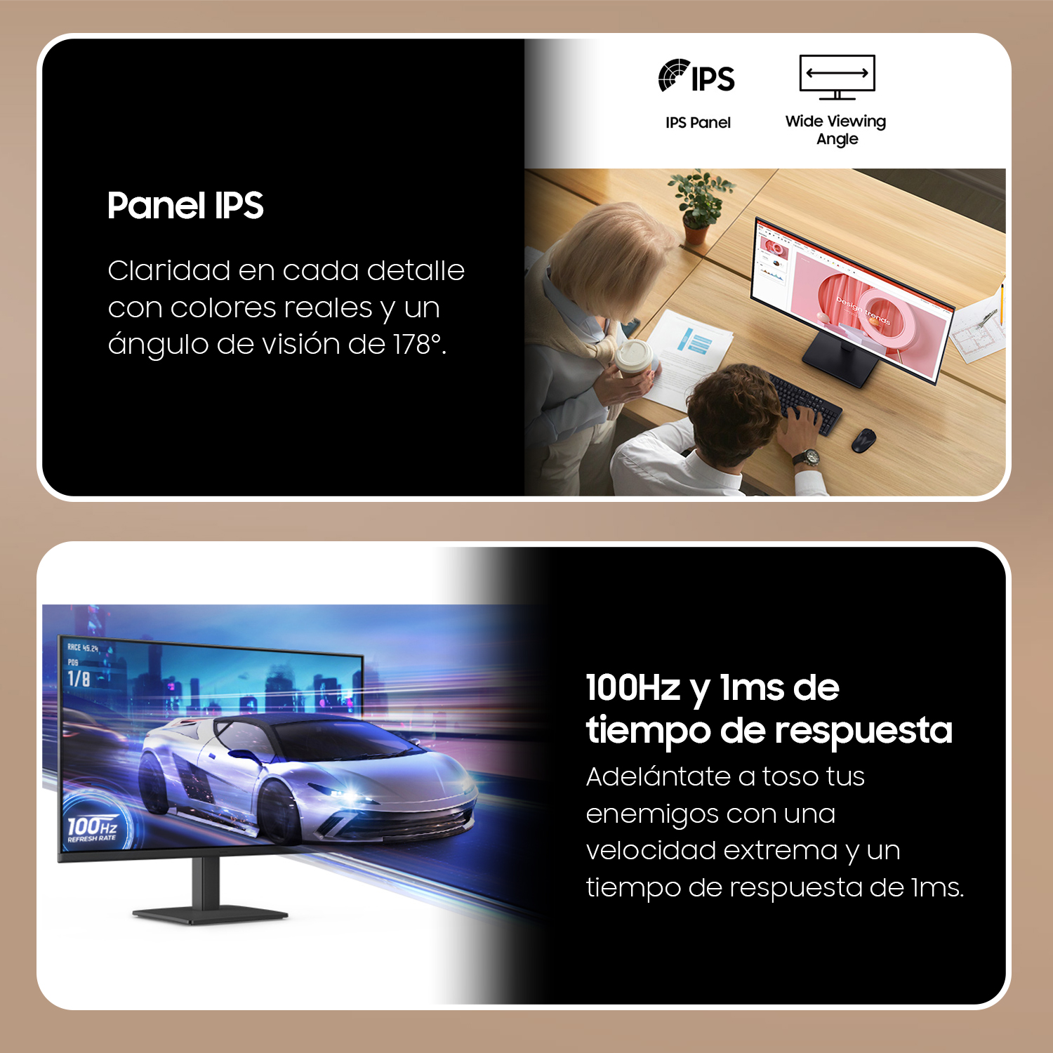 Monitor con panel IPS y ángulo de visión amplio. Muestra a persona trabajando. También un monitor con un coche.