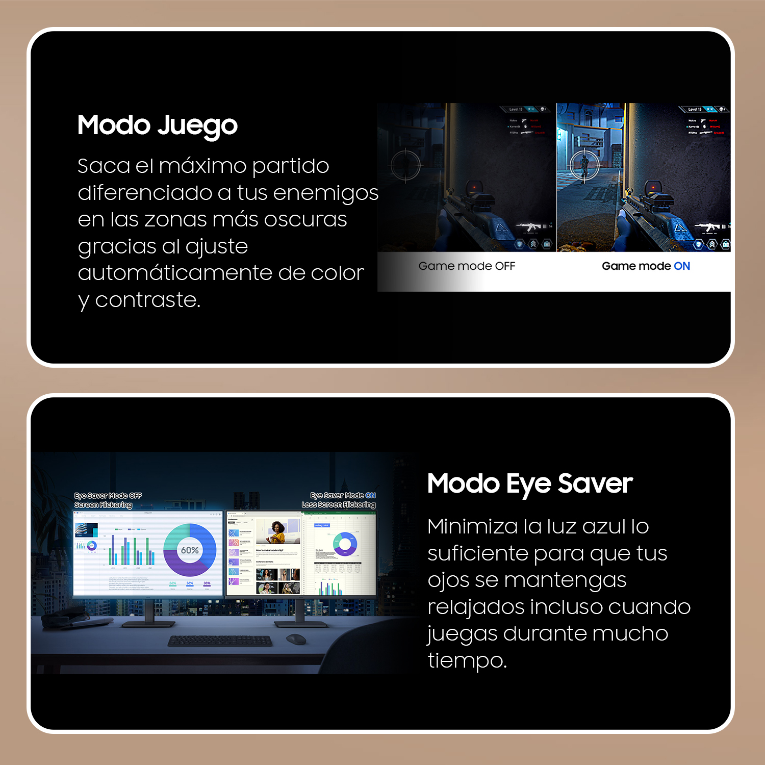 Capturas de pantalla con texto en español sobre modos de juego y ahorro de ojos.