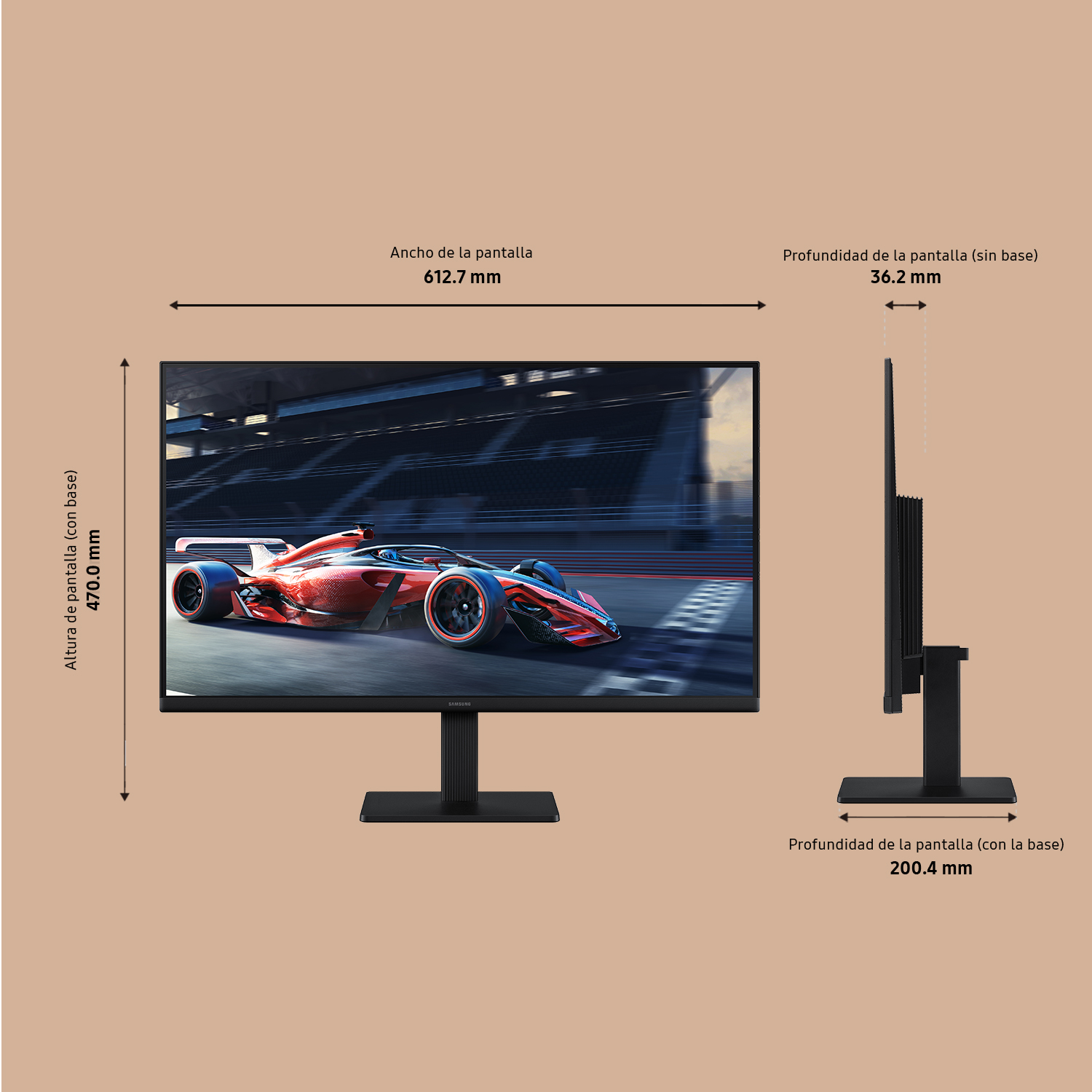 Dimensiones del monitor: 612,7 mm ancho, 470,0 mm alto (con base) y 36,2 mm profundidad (sin base). Soporte negro.