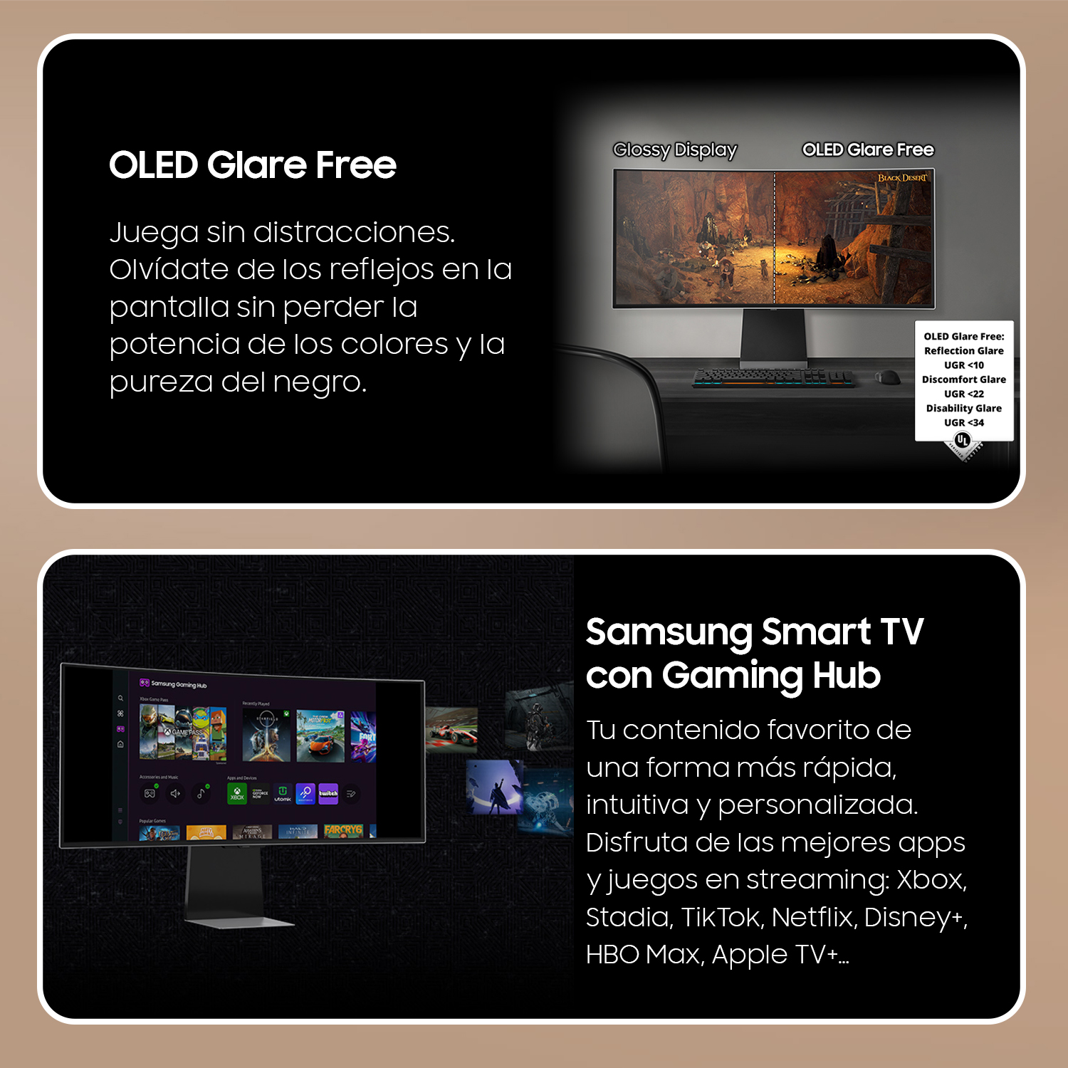 Anuncios en una pantalla de TV. Uno promociona OLED Glare Free y el otro Samsung Smart TV con Gaming Hub.