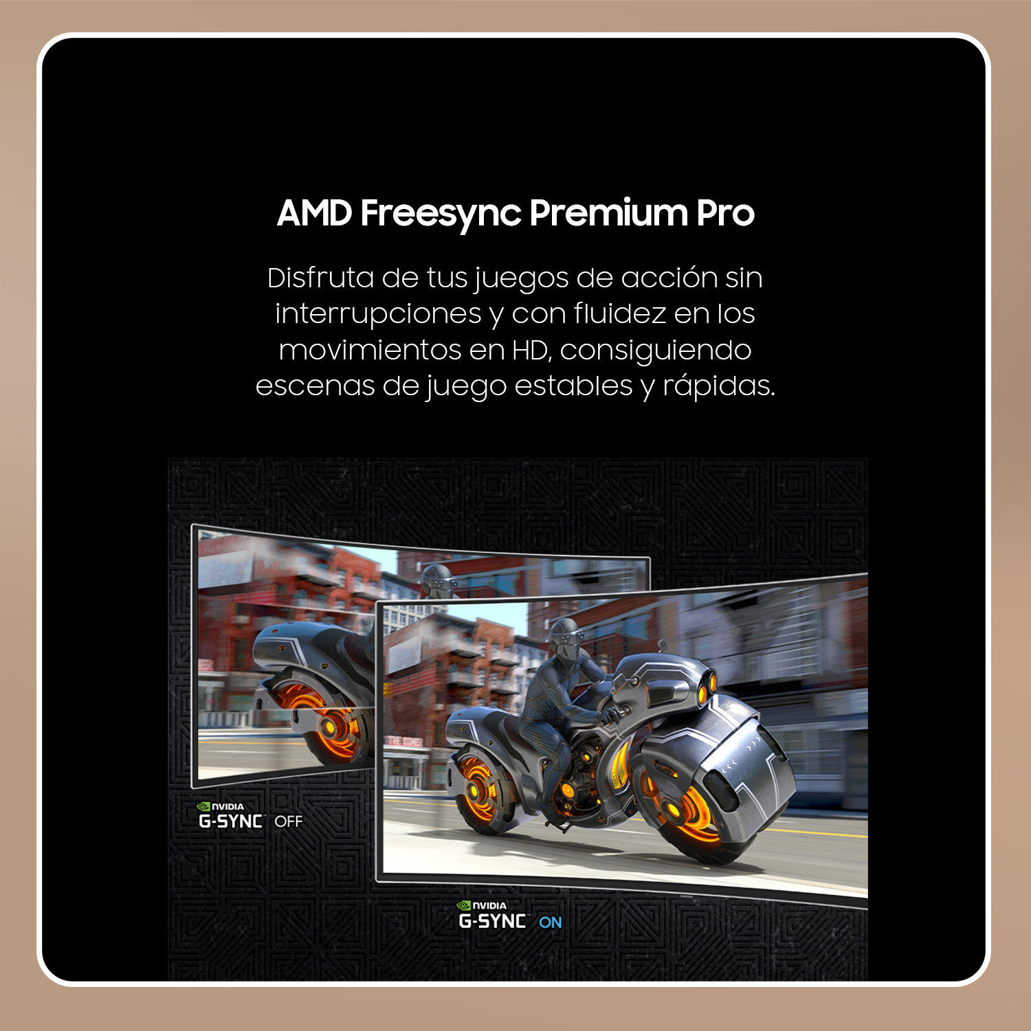 Un monitor negro muestra AMD FreeSync Premium Pro. Muestra una moto en un juego con y sin G-SYNC.