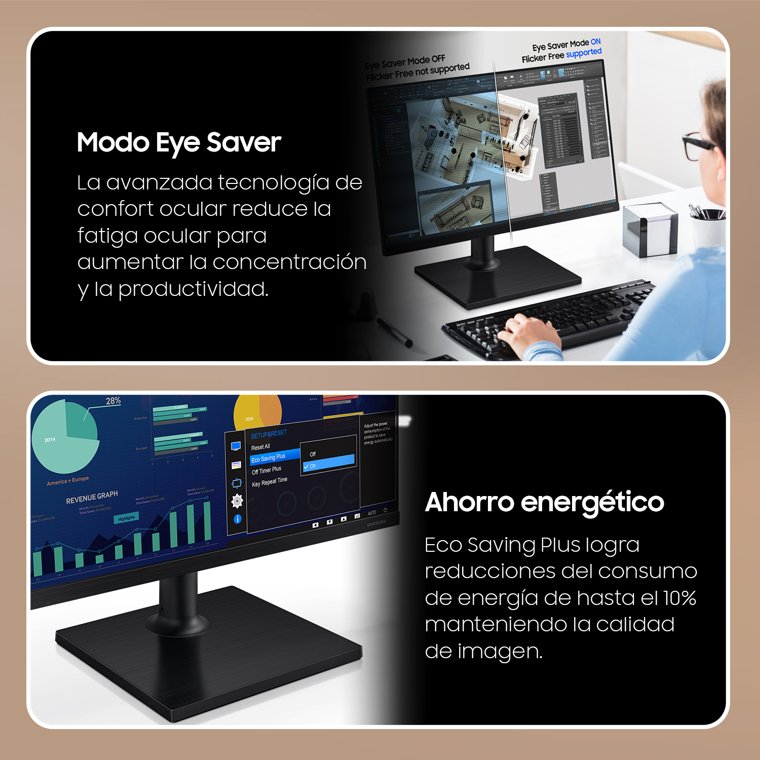 Dos imágenes con información sobre Modo Eye Saver y Ahorro energético Plus en un monitor.