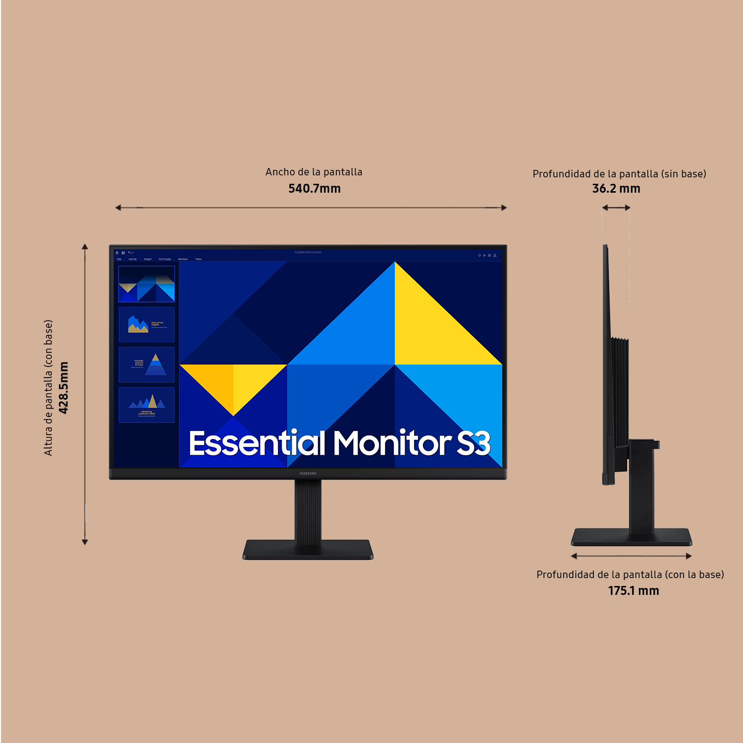 Un monitor muestra dimensiones y una vista lateral con soporte negro.