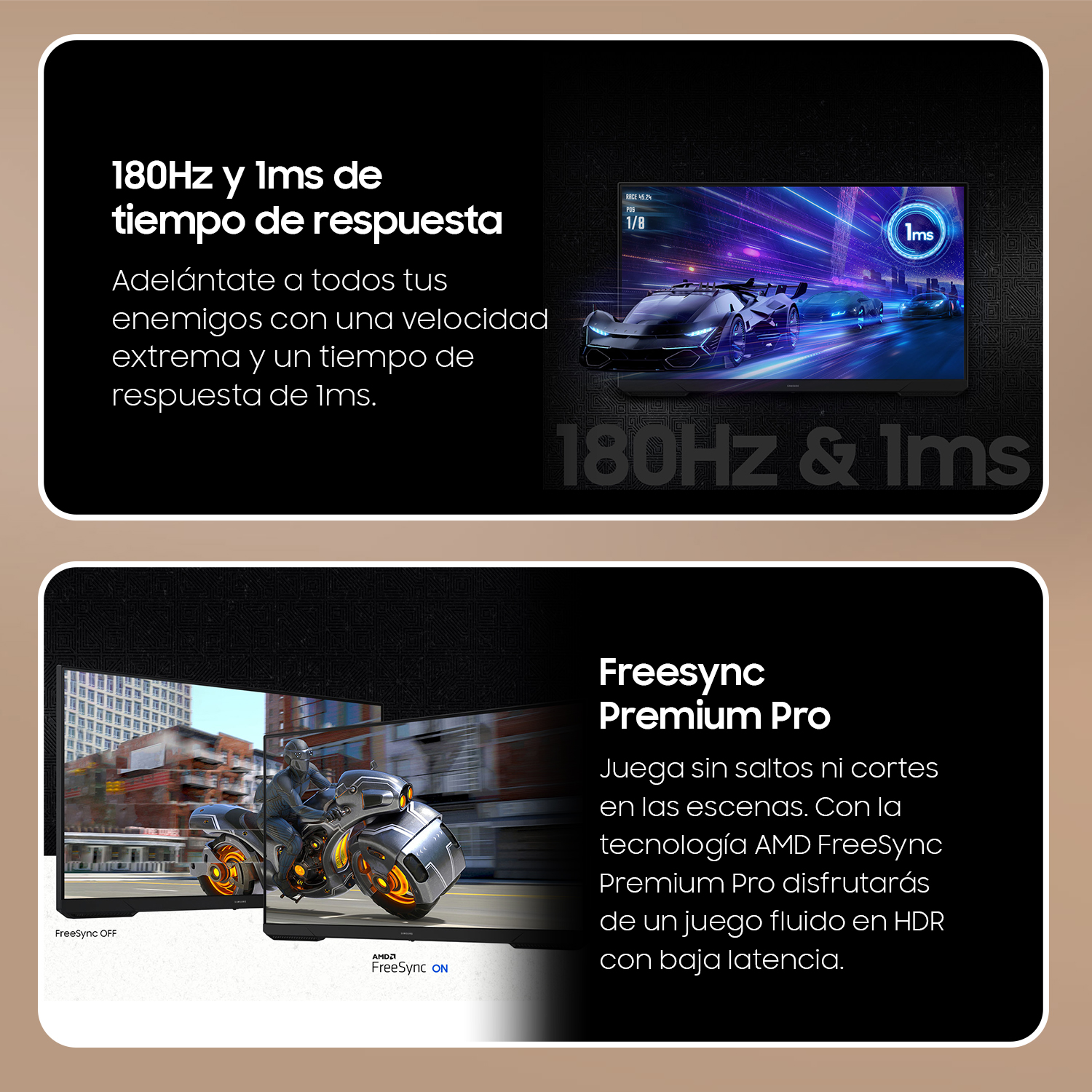 Dos pantallas que muestran funciones de juego. Una muestra un juego de carreras, la otra un juego de motos.