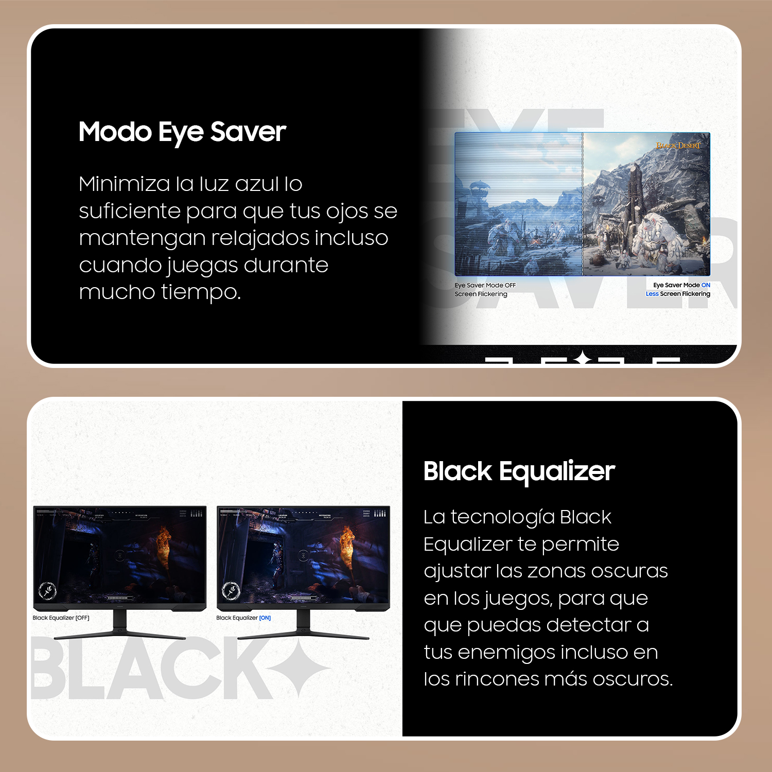 Dos paneles con texto sobre las funciones Modo Eye Saver y Black Equalizer, con ejemplos de pantalla.