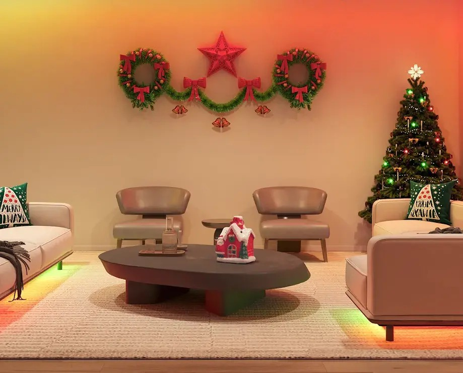 Salon udekorowany na Boże Narodzenie z choinką, wieńcami i meblami.